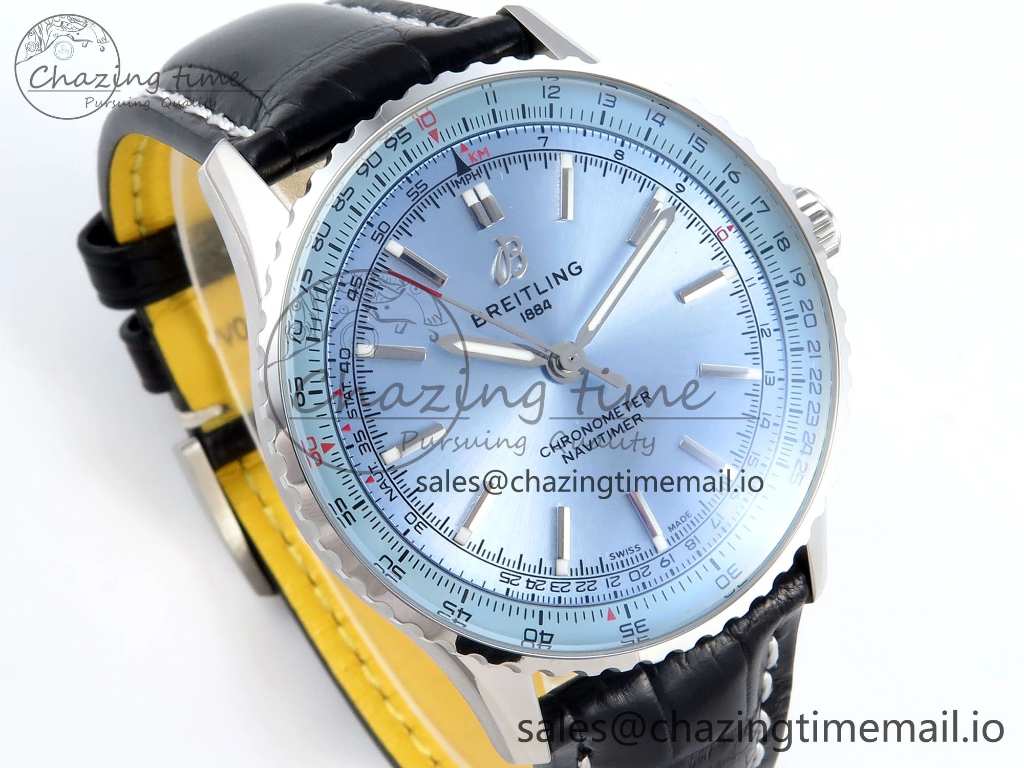 Bright Navitimer 1 SS 41mm TF 1:1 Best Edition Ice Blue Bezel Ice Blue Dial on Black Leather Strap A 5474