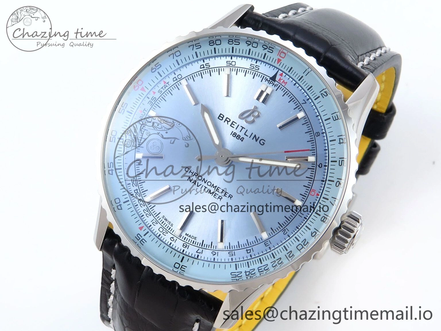 Bright Navitimer 1 SS 41mm TF 1:1 Best Edition Ice Blue Bezel Ice Blue Dial on Black Leather Strap A 5474