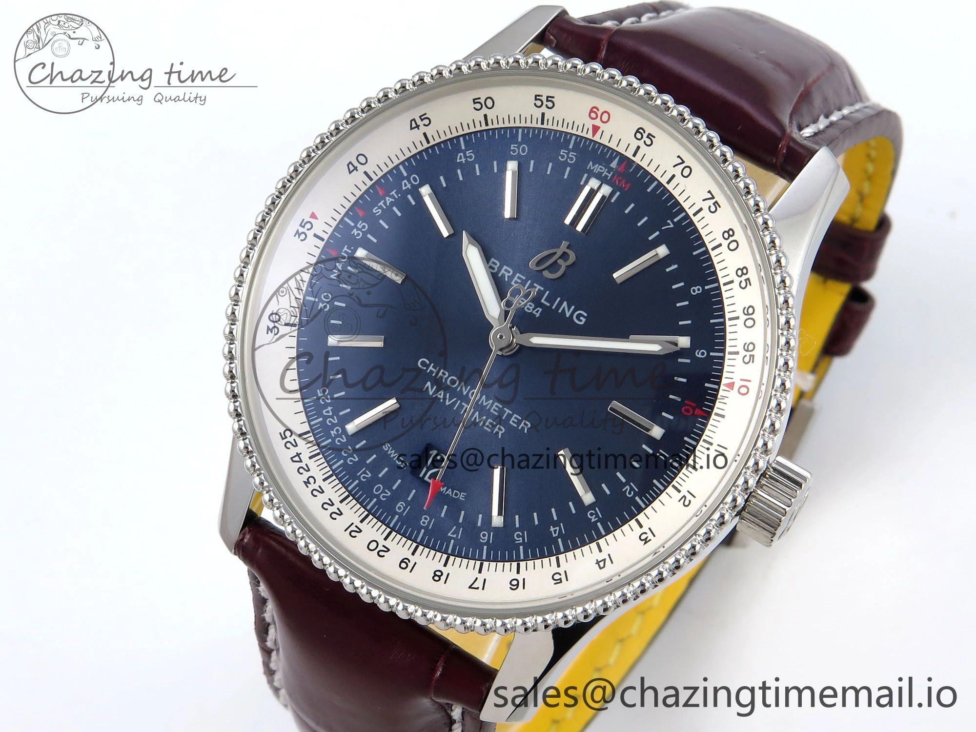 EyeCatching Navitimer 1 SS 41mm TF 1:1 Best Edition White Bezel Blue Dial on Brown Leather Strap A 5485