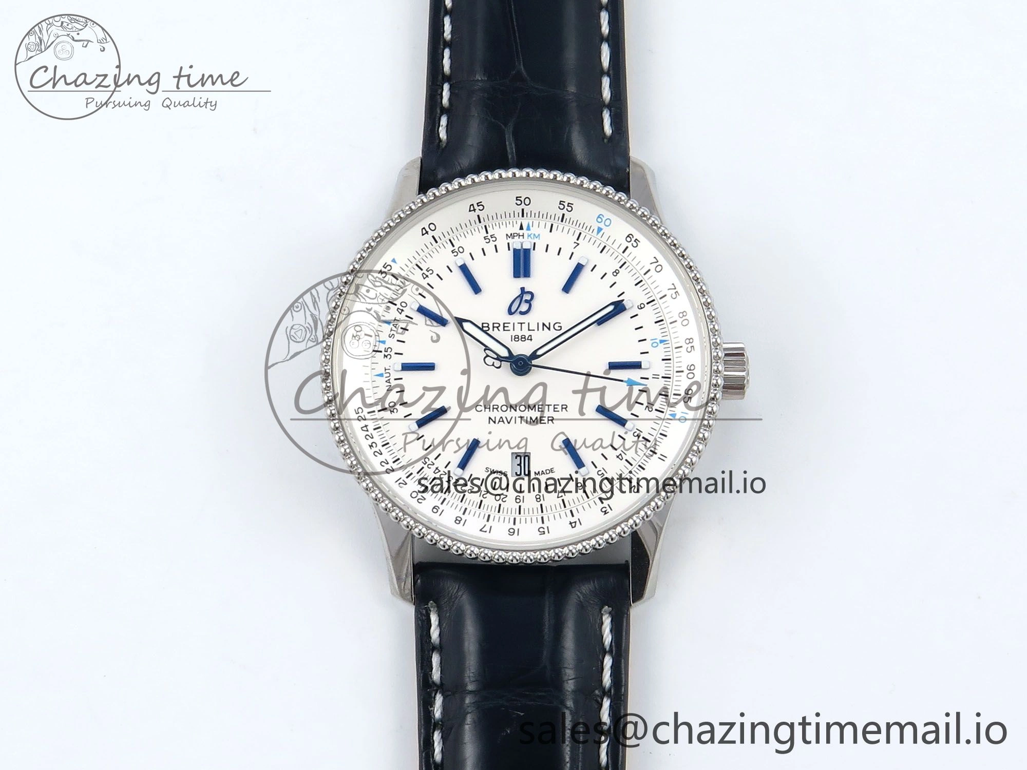 Navitimer 1 SS 41mm TF 1:1 Best Edition White Bezel White Dial on Blue Leather Strap A Contemporary 5484
