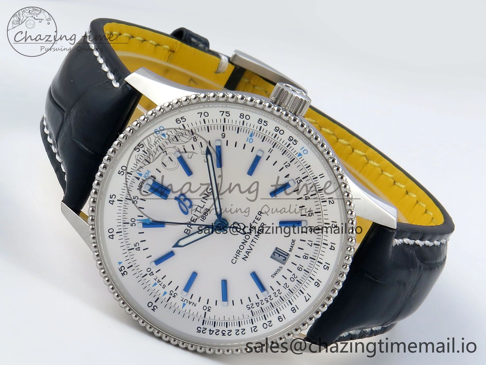 Navitimer 1 SS 41mm TF 1:1 Best Edition White Bezel White Dial on Blue Leather Strap A Contemporary 5484
