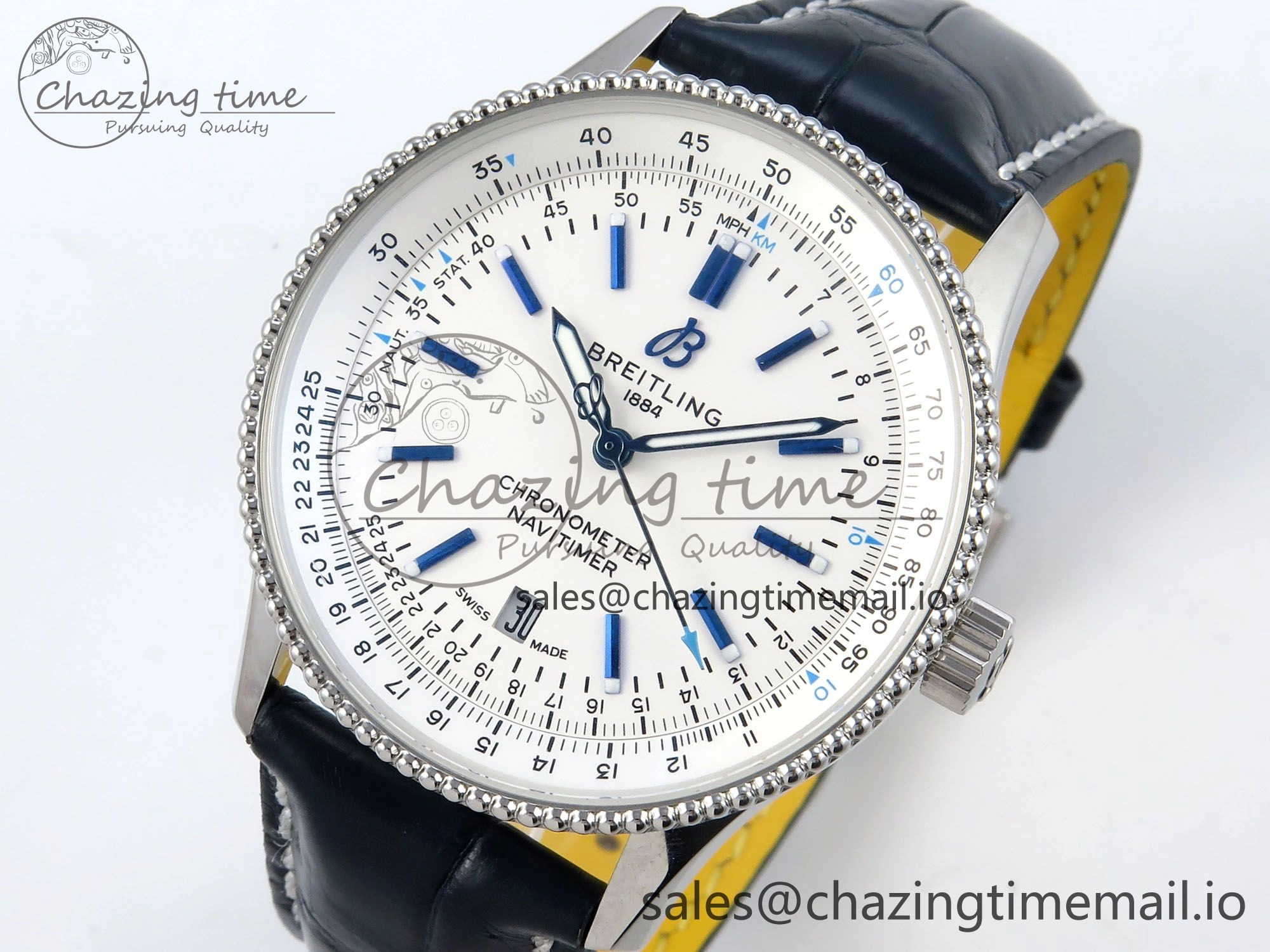 Navitimer 1 SS 41mm TF 1:1 Best Edition White Bezel White Dial on Blue Leather Strap A Contemporary 5484