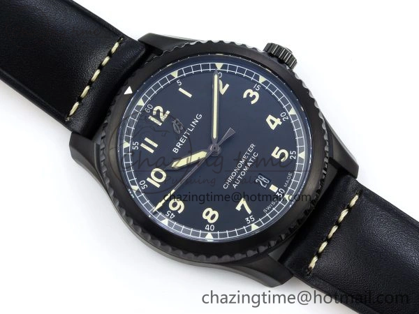 Navitimer 8 Automatic 41mm PVD TF 1:1 Best Edition Black Dial on Black Leather Strap A ZipUp 5517