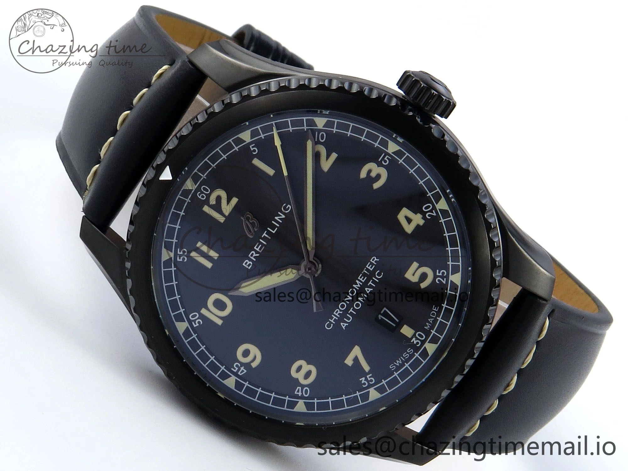 Premium Navitimer 8 Automatic 41mm PVD TF 1:1 Best Edition Black Dial on Black Leather Strap A 5455