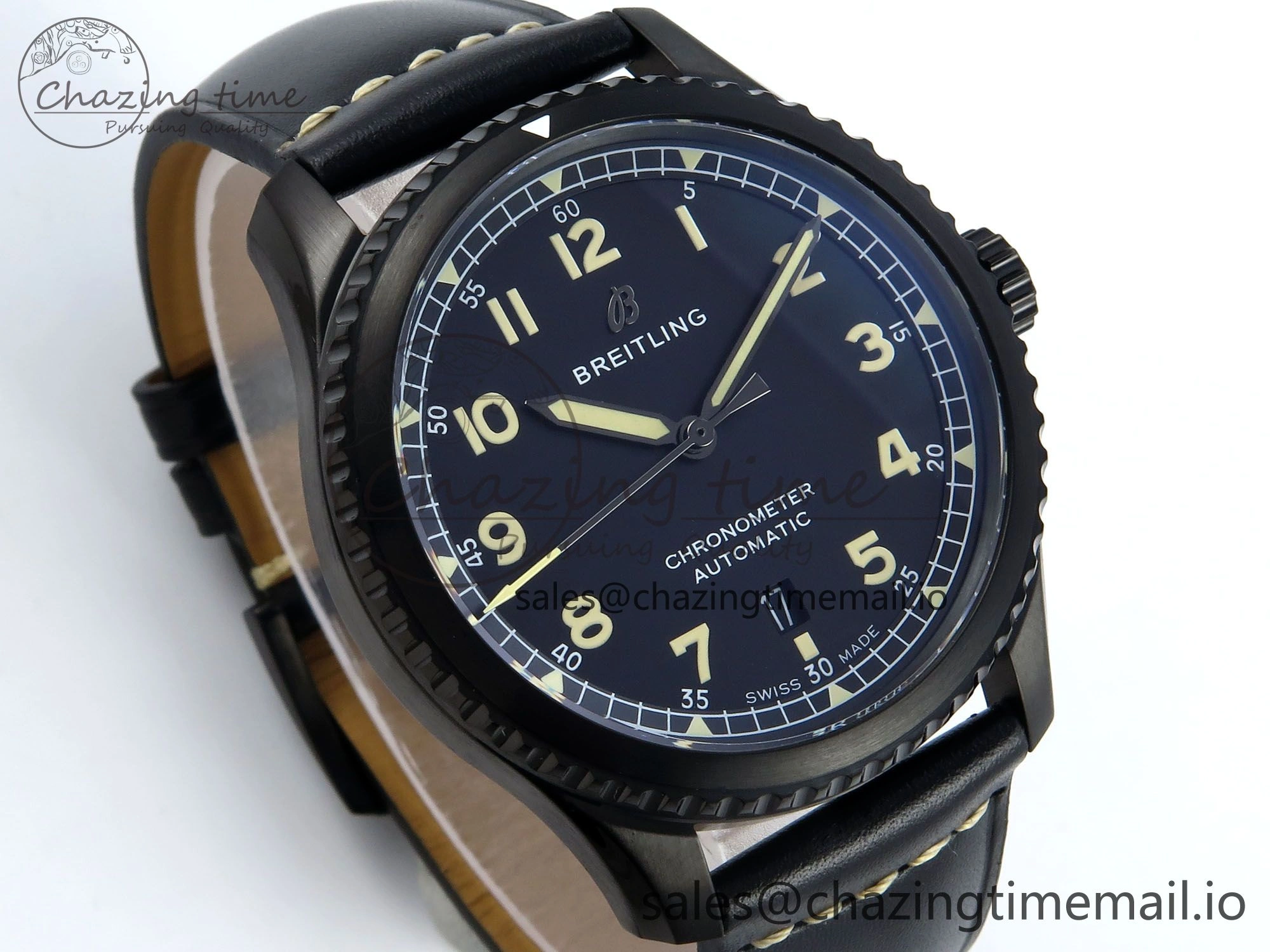 Premium Navitimer 8 Automatic 41mm PVD TF 1:1 Best Edition Black Dial on Black Leather Strap A 5455