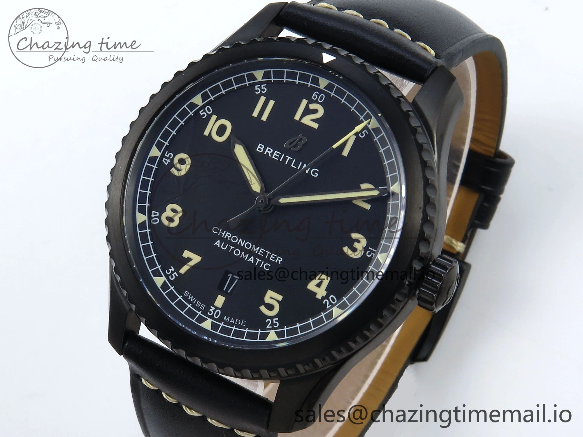 Premium Navitimer 8 Automatic 41mm PVD TF 1:1 Best Edition Black Dial on Black Leather Strap A 5455