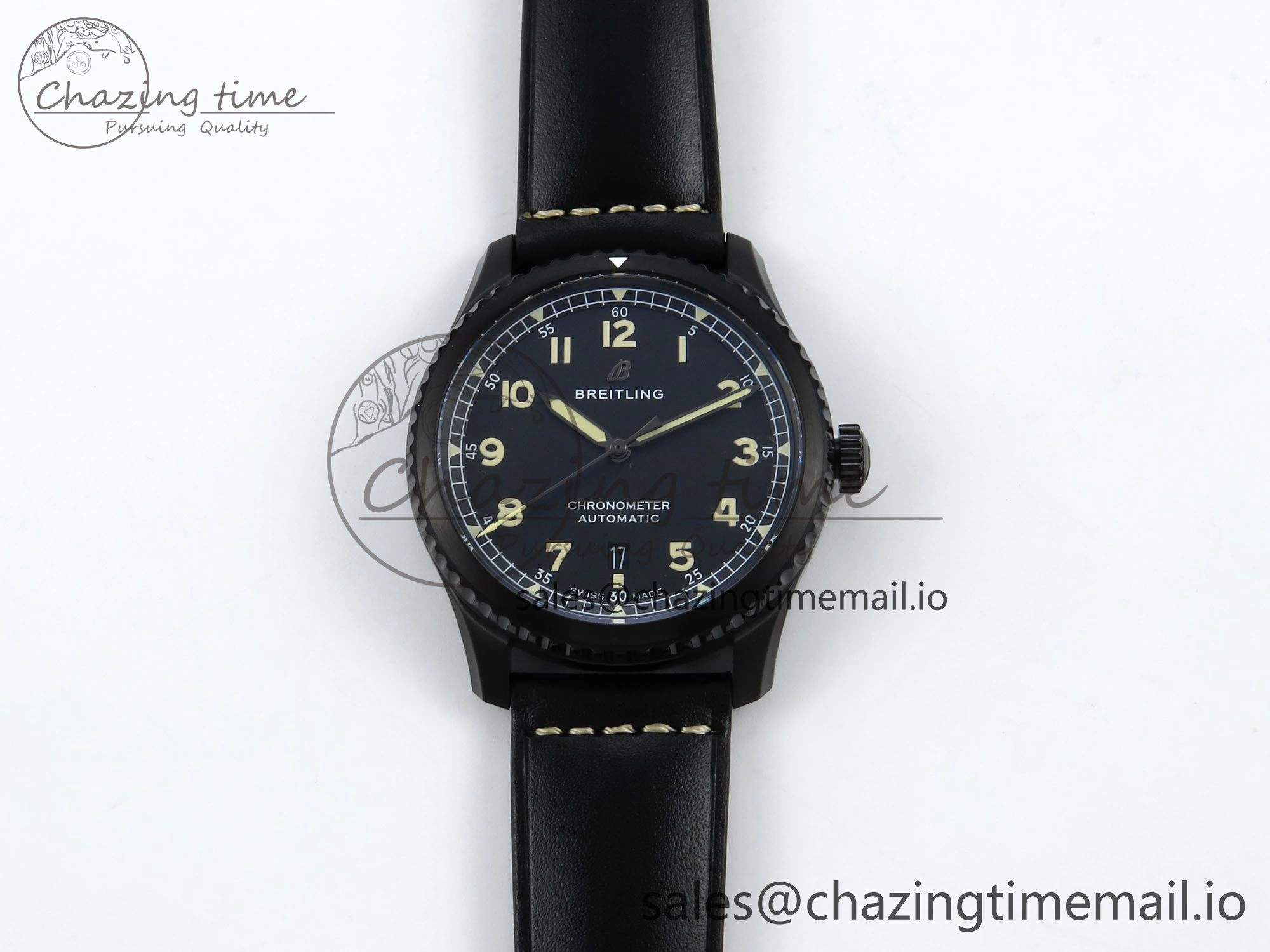 Premium Navitimer 8 Automatic 41mm PVD TF 1:1 Best Edition Black Dial on Black Leather Strap A 5455