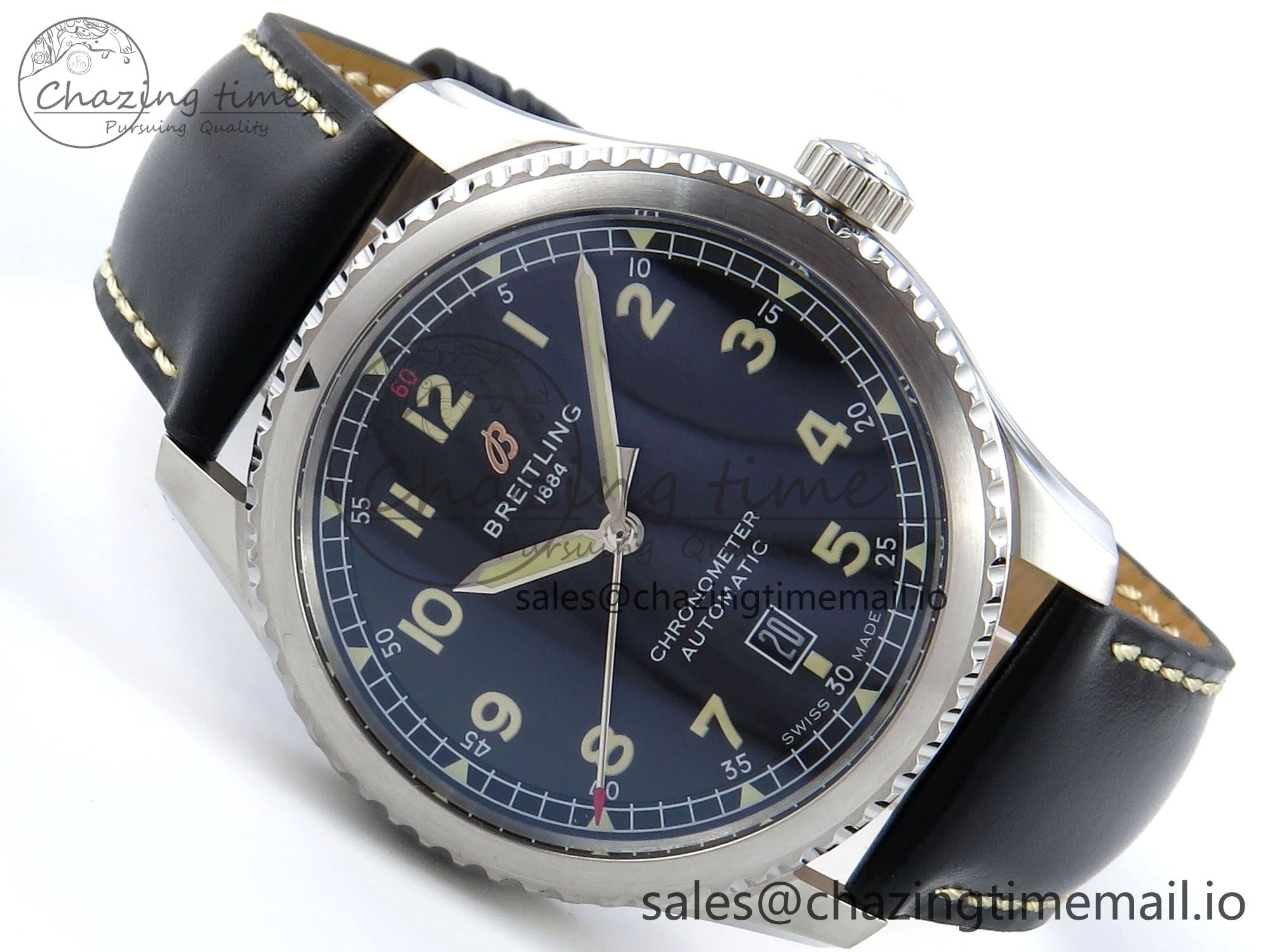 Navitimer 8 Automatic 41mm SS TF 1:1 Best Edition Black Dial on Black Leather Strap A Soft 5453