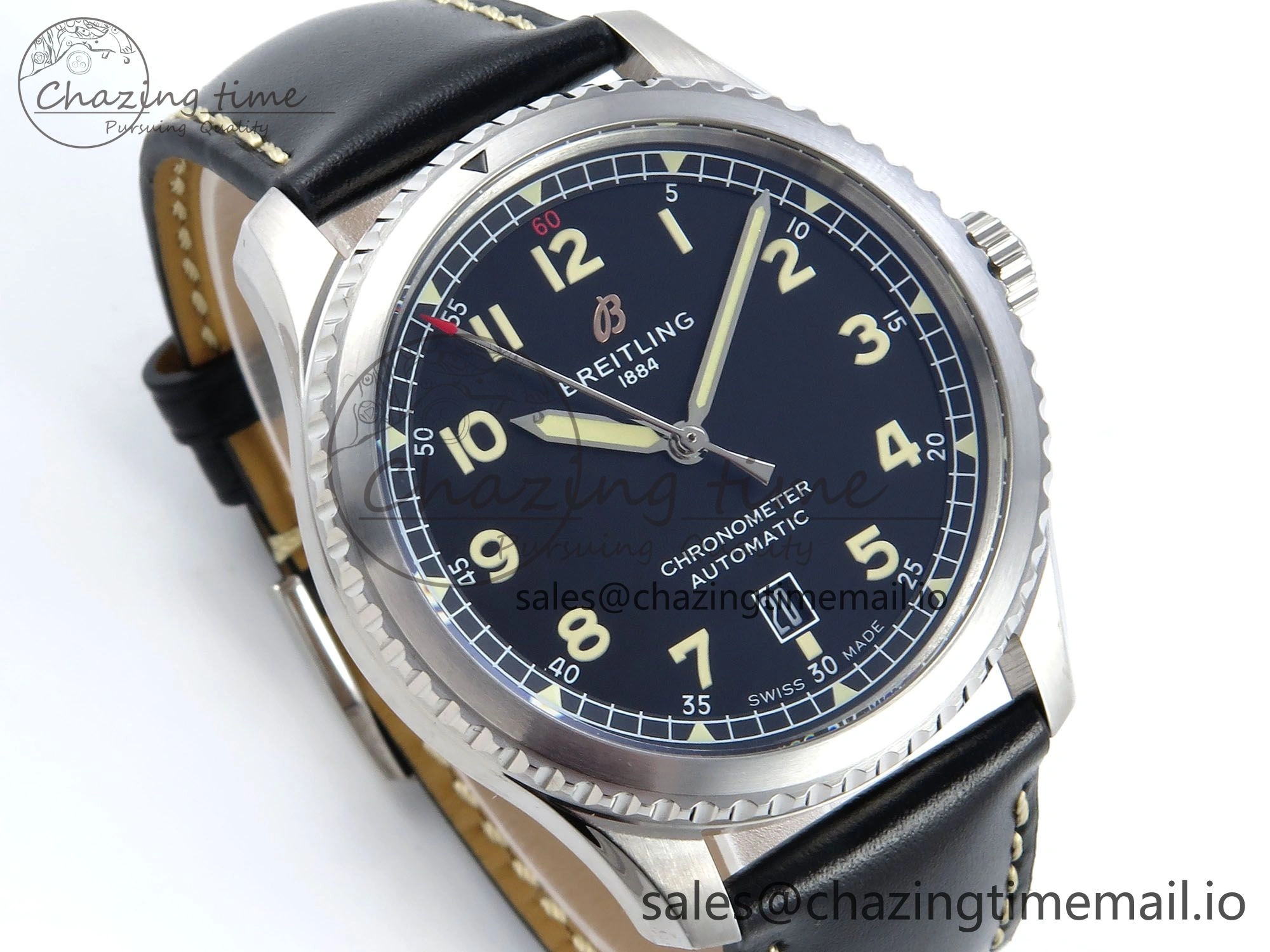 Navitimer 8 Automatic 41mm SS TF 1:1 Best Edition Black Dial on Black Leather Strap A Soft 5453