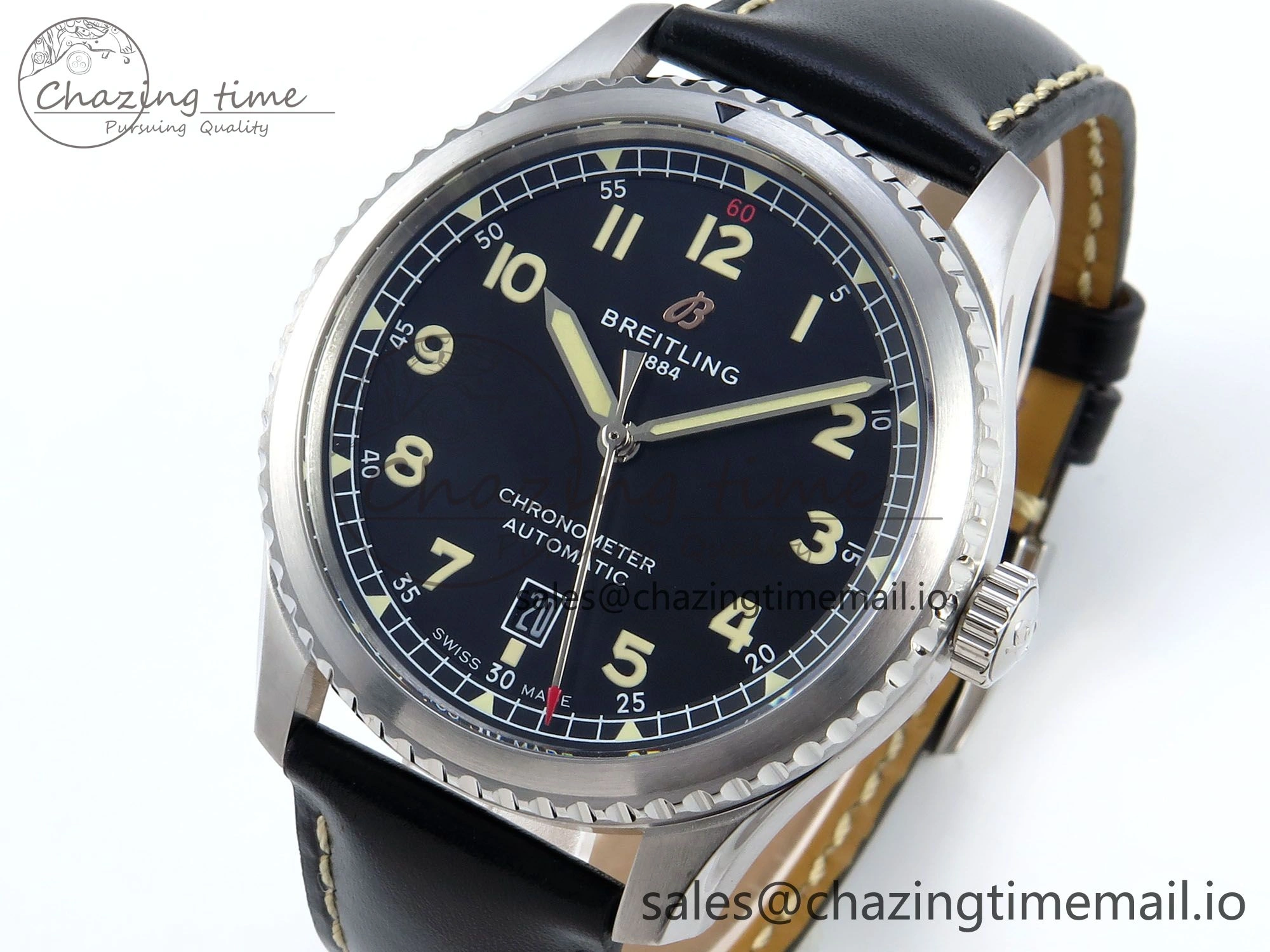Navitimer 8 Automatic 41mm SS TF 1:1 Best Edition Black Dial on Black Leather Strap A Soft 5453