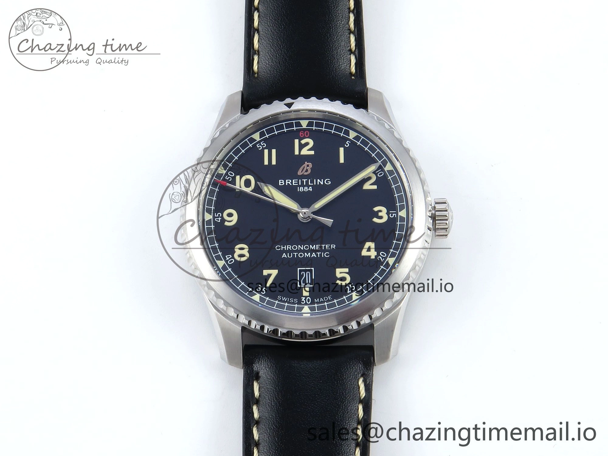 Navitimer 8 Automatic 41mm SS TF 1:1 Best Edition Black Dial on Black Leather Strap A Soft 5453