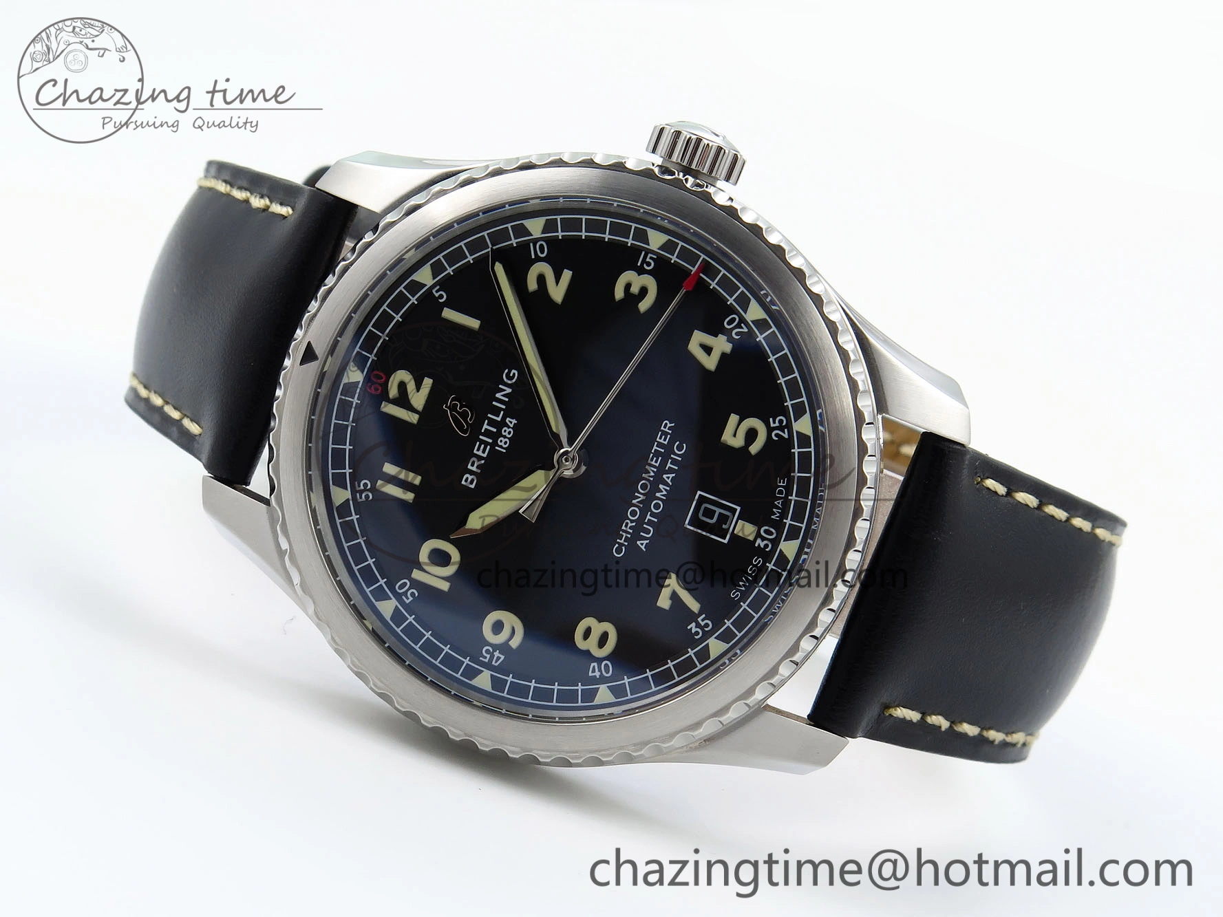 Navitimer 8 Automatic 41mm SS TF 1:1 Best Edition Black Dial on Black Leather Strap A ZeroBulk 5514