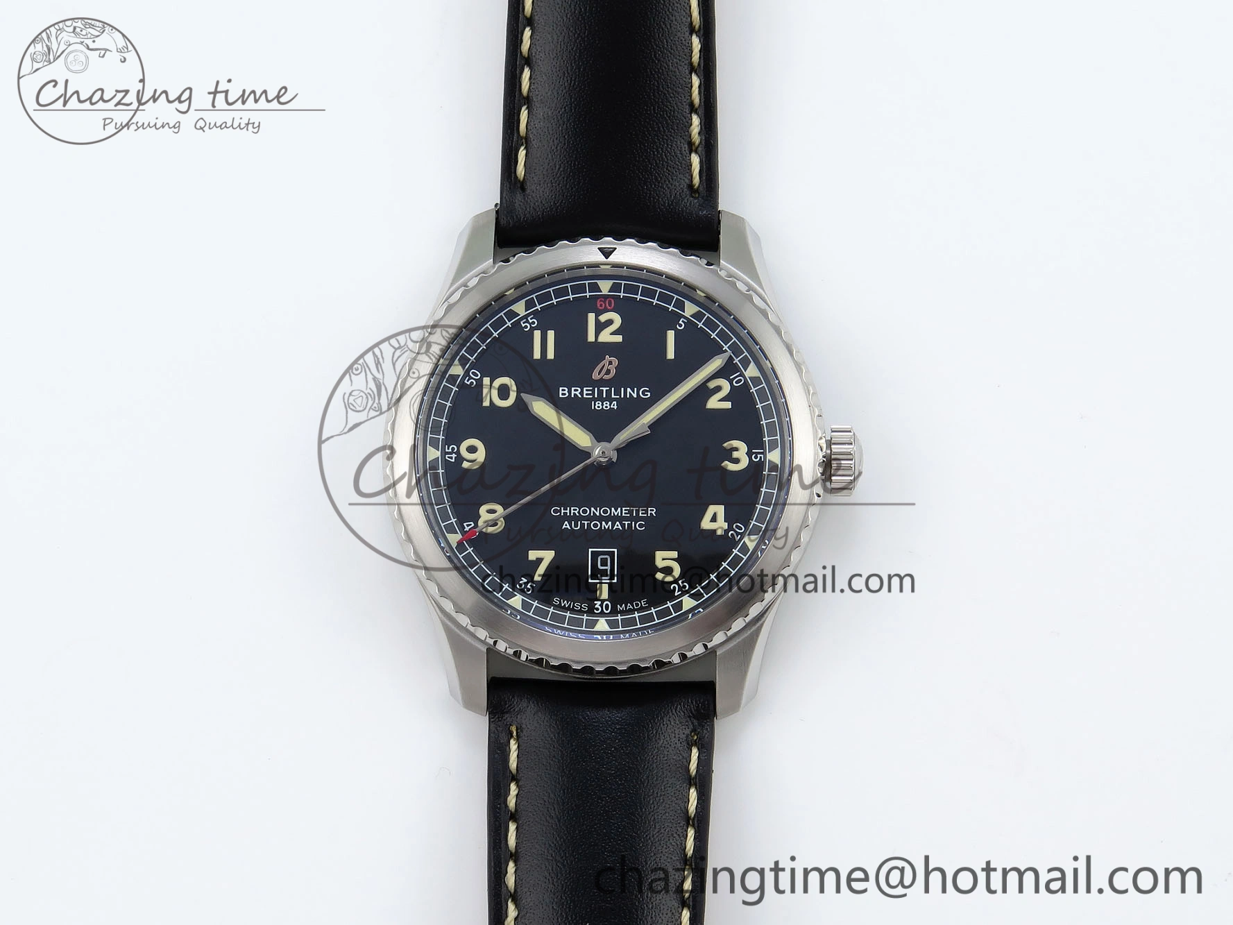 Navitimer 8 Automatic 41mm SS TF 1:1 Best Edition Black Dial on Black Leather Strap A ZeroBulk 5514
