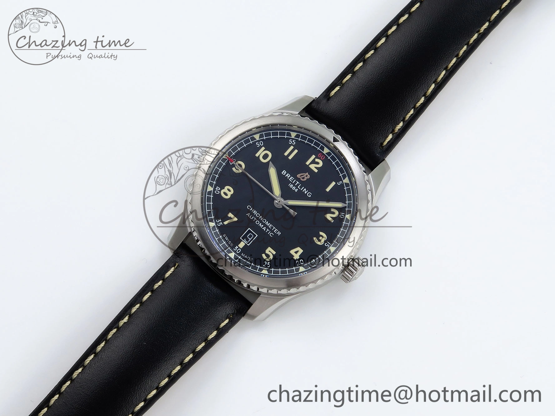 Navitimer 8 Automatic 41mm SS TF 1:1 Best Edition Black Dial on Black Leather Strap A ZeroBulk 5514