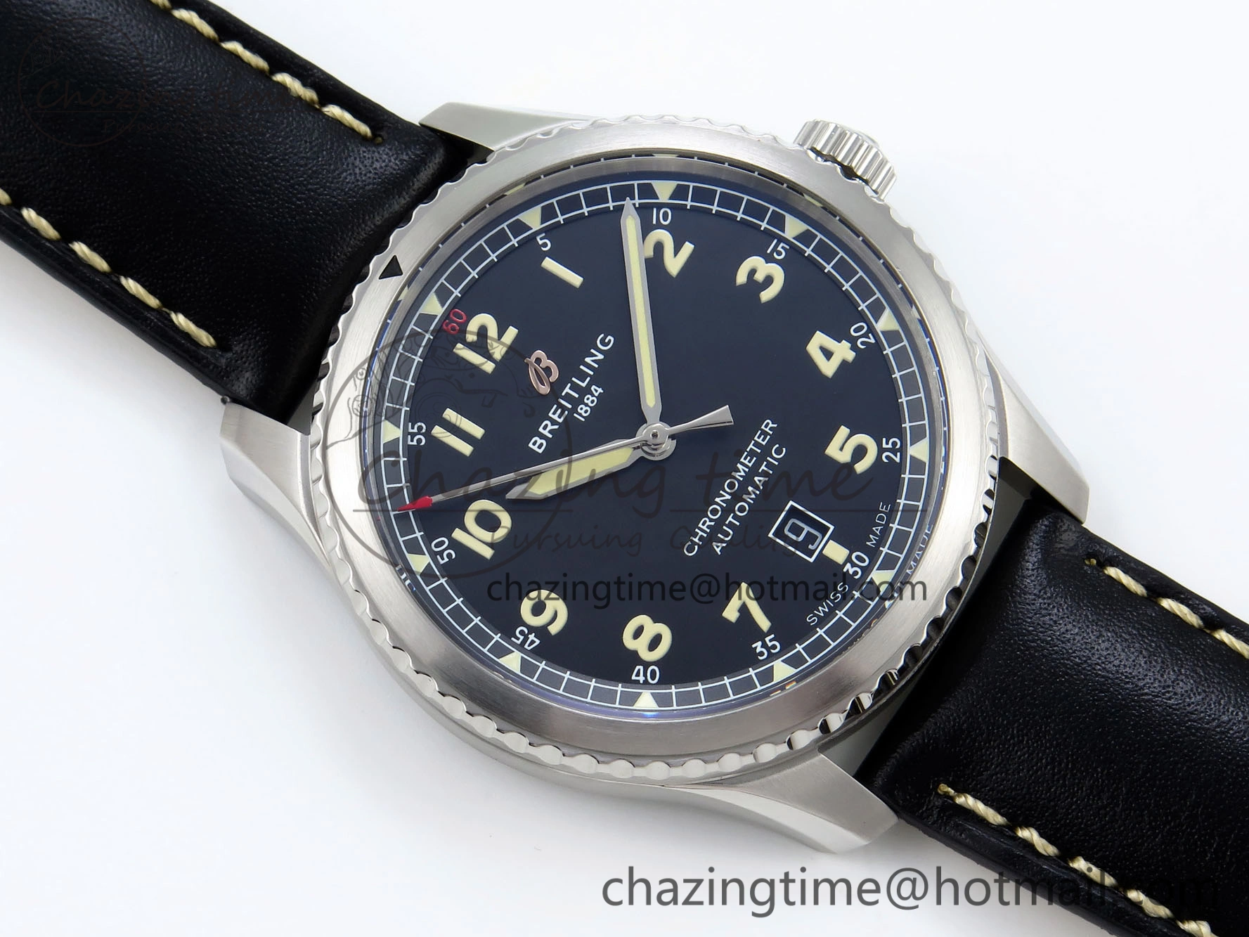 Navitimer 8 Automatic 41mm SS TF 1:1 Best Edition Black Dial on Black Leather Strap A ZeroBulk 5514