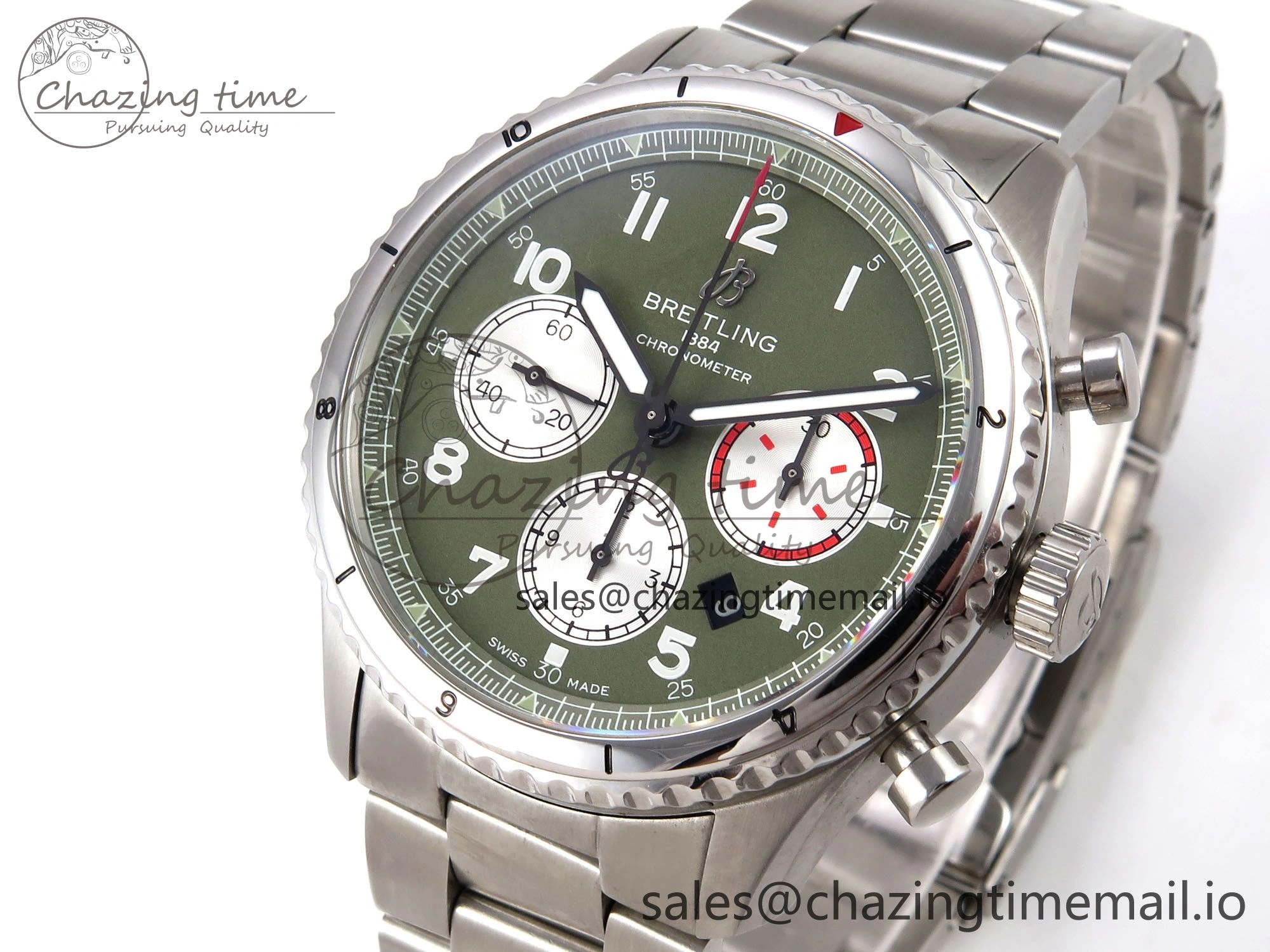 DailyWear Navitimer 8 B01 Chrono SS EF 1:1 Best Edition Green Dial Arabic Bezel on SS Bracelet A 5502