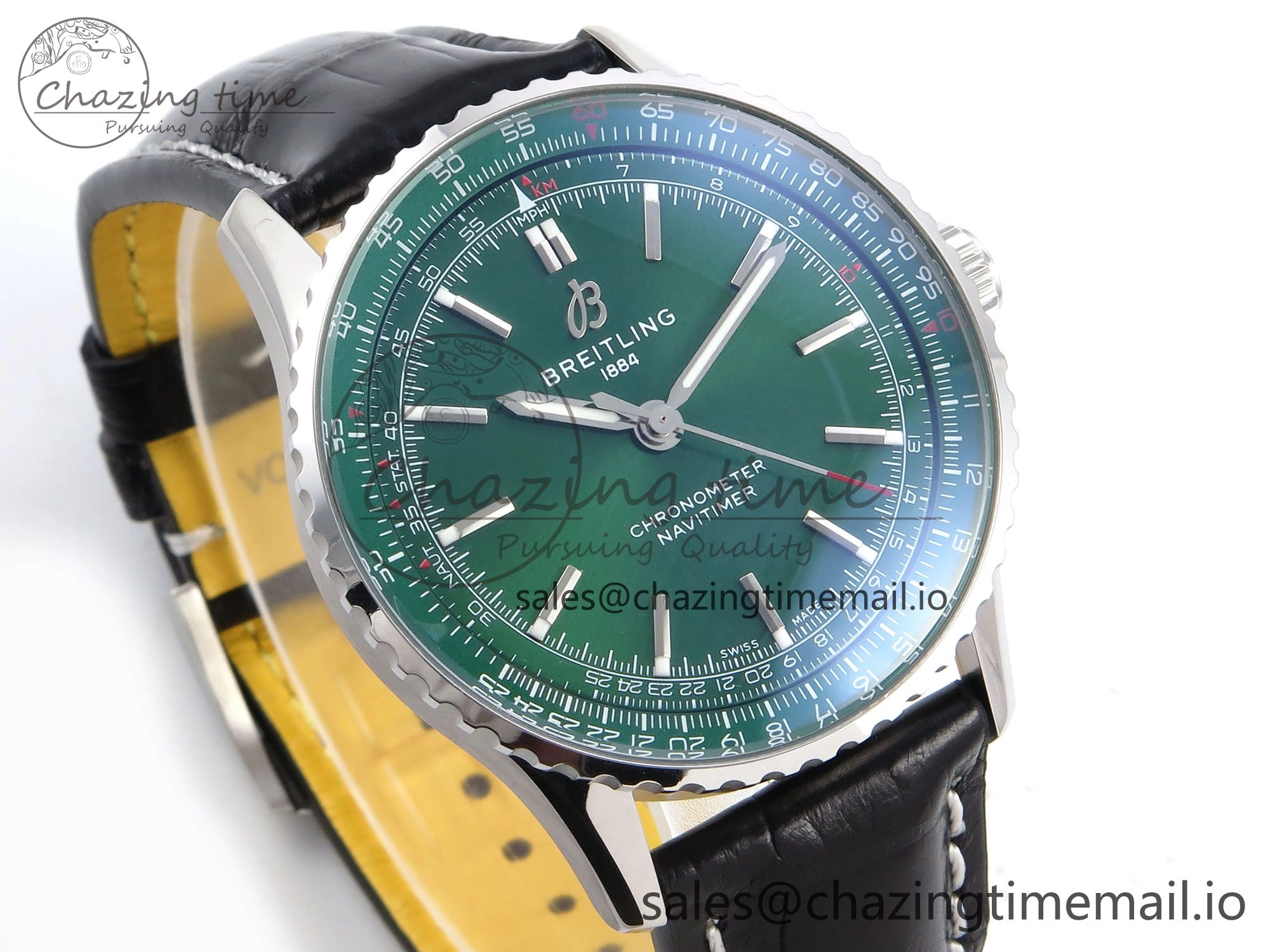 Navitimer Automatic SS 41mm TF 1:1 Best Edition Green Dial on Black Leather Strap A UrbanStyle 5511
