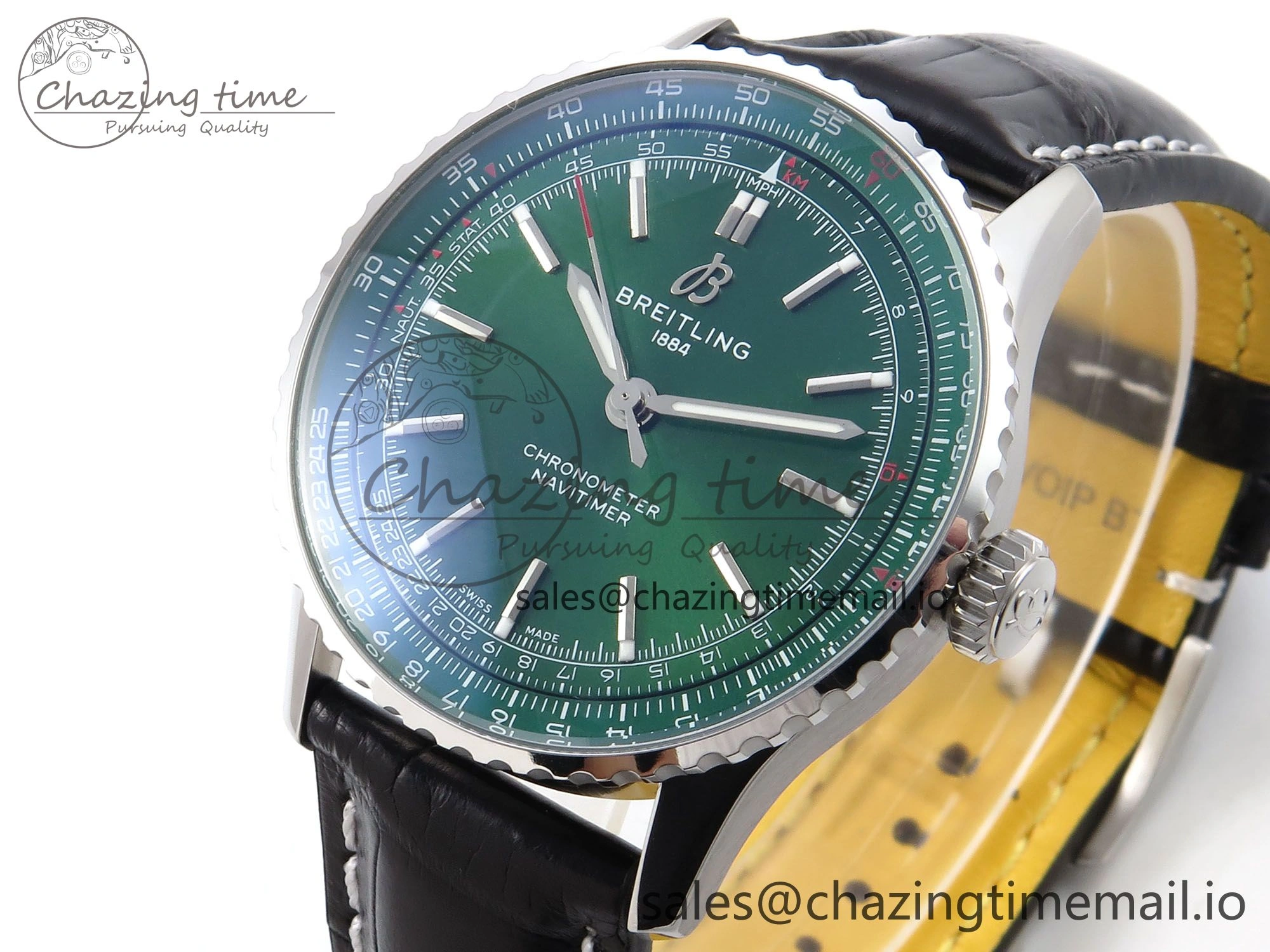 Navitimer Automatic SS 41mm TF 1:1 Best Edition Green Dial on Black Leather Strap A UrbanStyle 5511