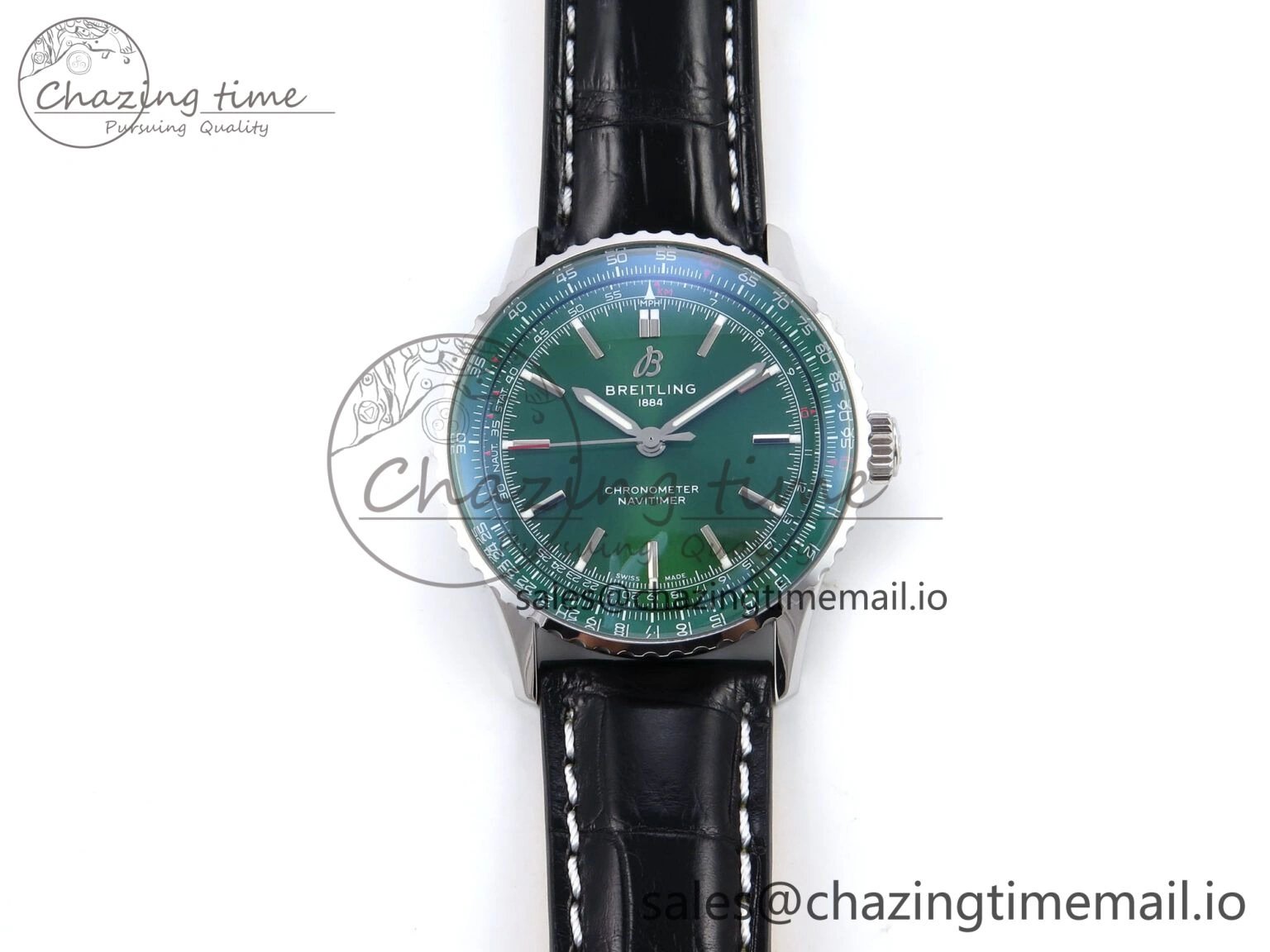 Navitimer Automatic SS 41mm TF 1:1 Best Edition Green Dial on Black Leather Strap A UrbanStyle 5511