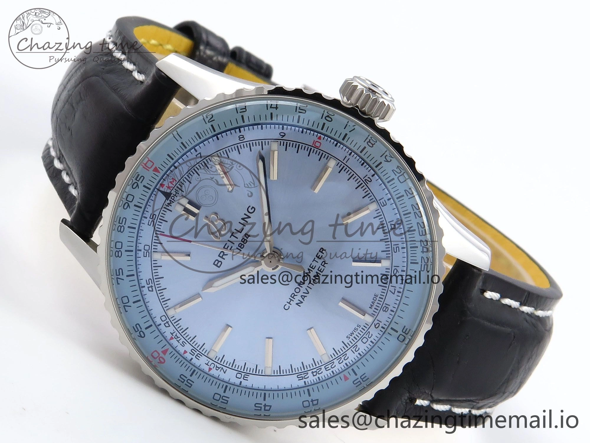 Breathable Navitimer Automatic SS 41mm TF 1:1 Best Edition Ice Blue Dial on Black Leather Strap A 5510