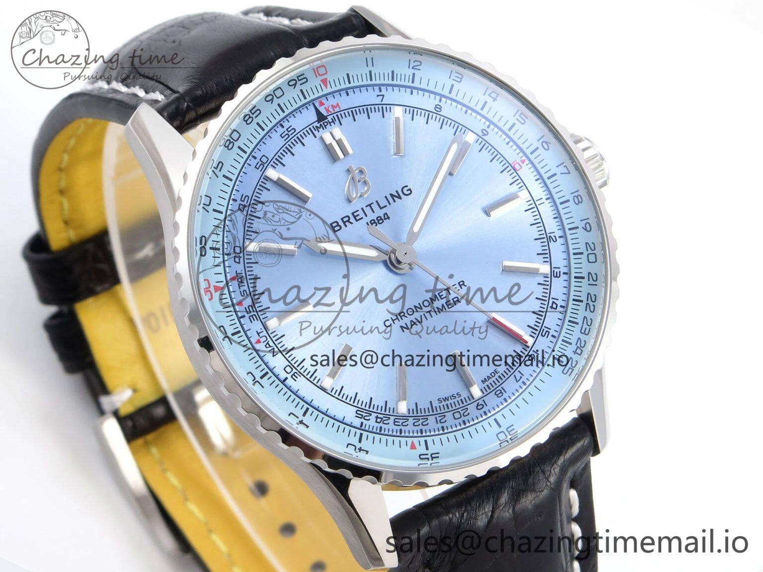 Breathable Navitimer Automatic SS 41mm TF 1:1 Best Edition Ice Blue Dial on Black Leather Strap A 5510