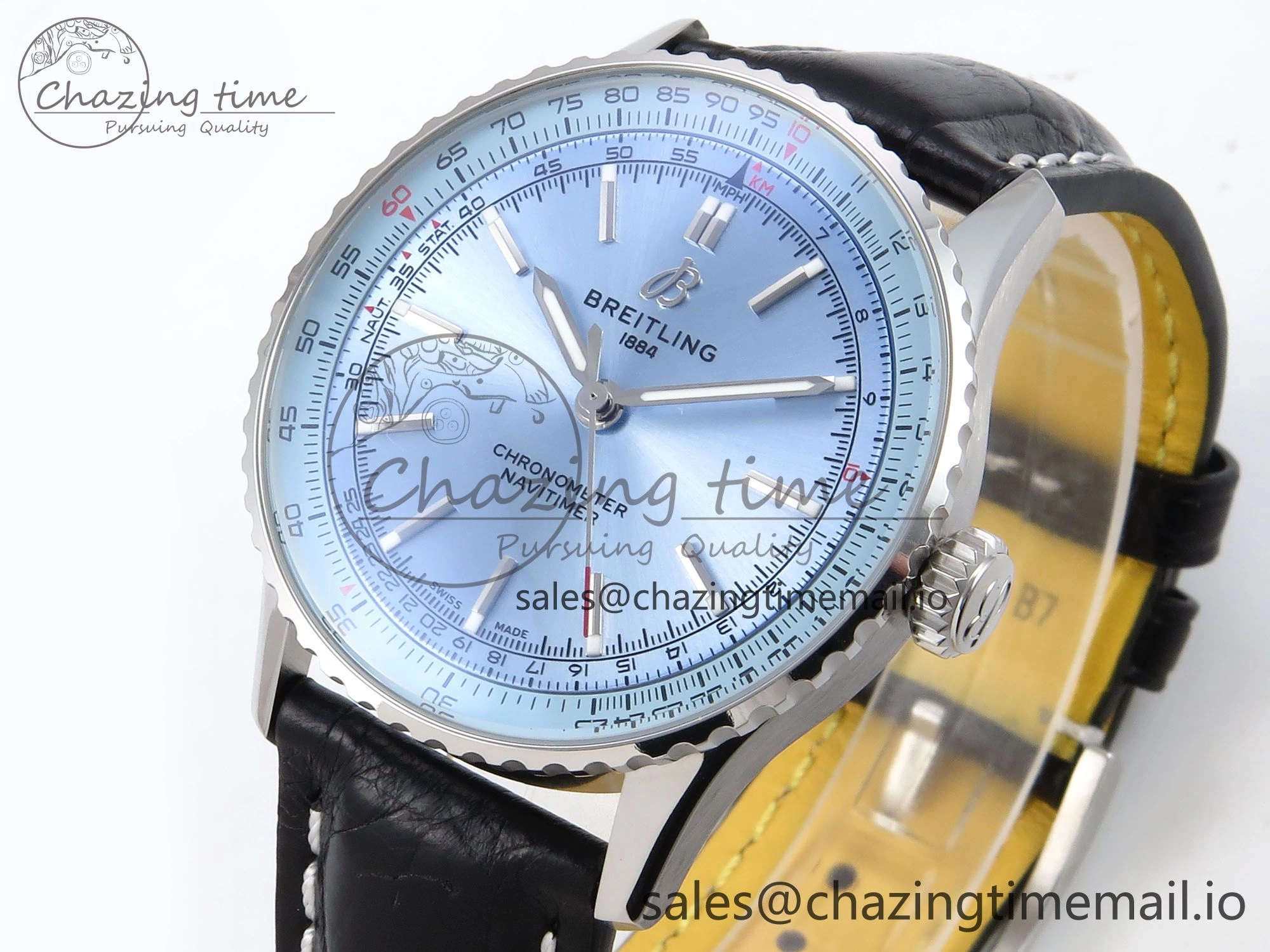 Breathable Navitimer Automatic SS 41mm TF 1:1 Best Edition Ice Blue Dial on Black Leather Strap A 5510