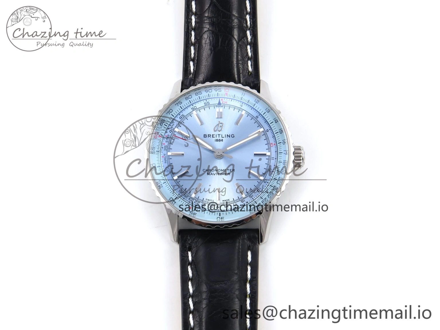 Breathable Navitimer Automatic SS 41mm TF 1:1 Best Edition Ice Blue Dial on Black Leather Strap A 5510