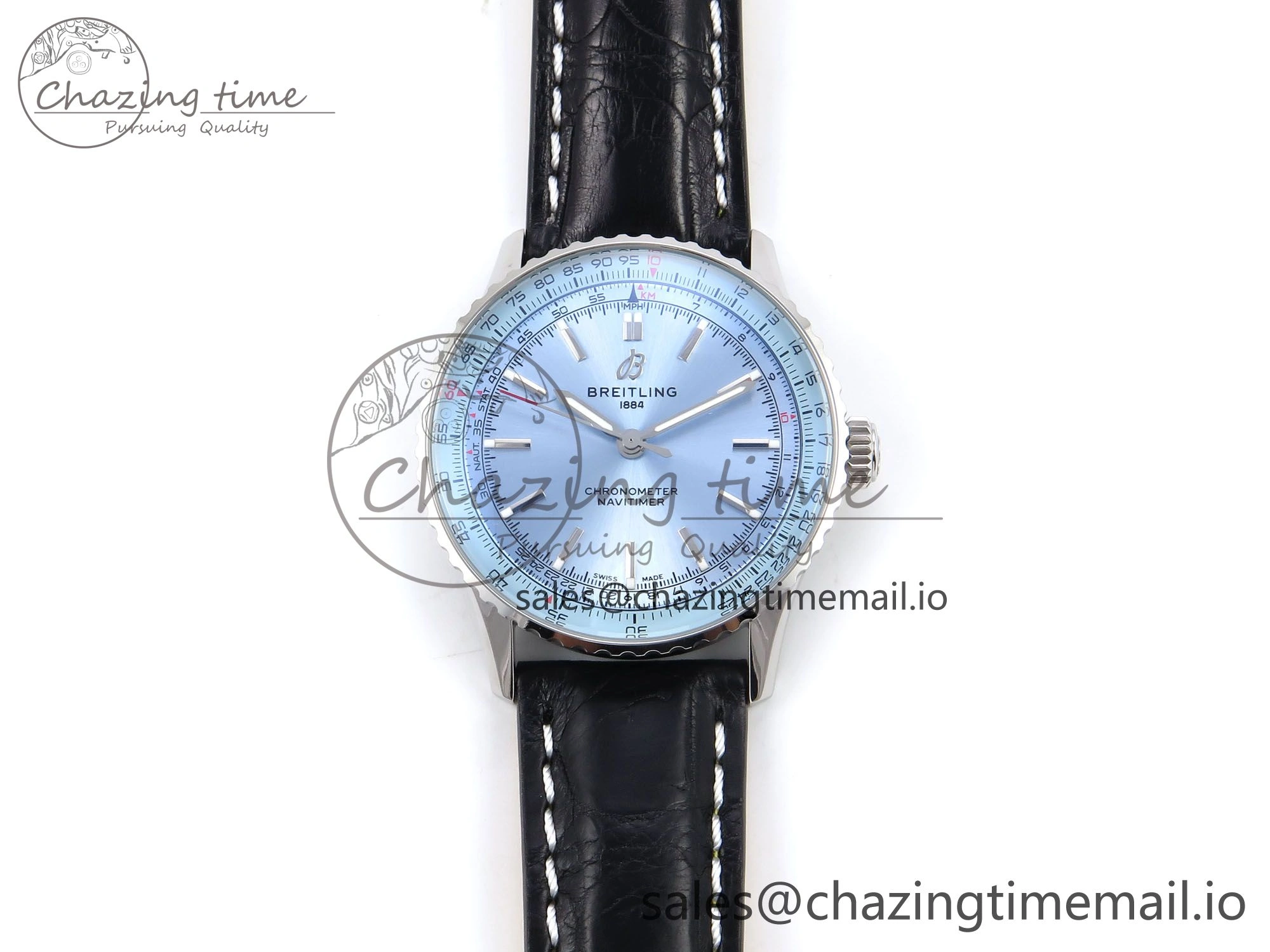 Breathable Navitimer Automatic SS 41mm TF 1:1 Best Edition Ice Blue Dial on Black Leather Strap A 5510