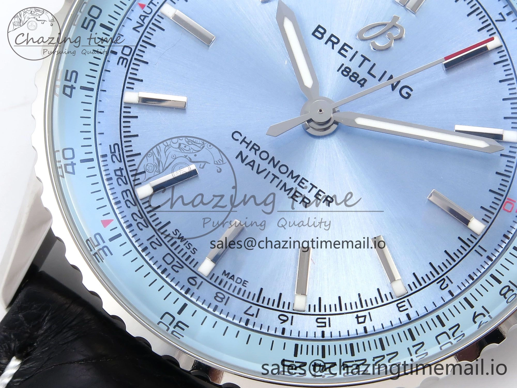 Breathable Navitimer Automatic SS 41mm TF 1:1 Best Edition Ice Blue Dial on Black Leather Strap A 5510