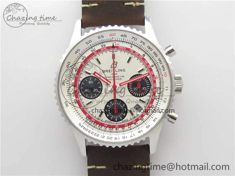 Affordable Navitimer B01 Chronograph 43 TWA Edition SS OXF White Dial Steel Markers on Brown Leather Strap A 5600