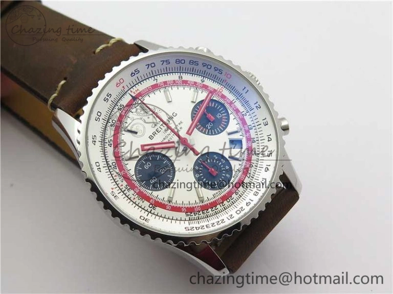 Affordable Navitimer B01 Chronograph 43 TWA Edition SS OXF White Dial Steel Markers on Brown Leather Strap A 5600