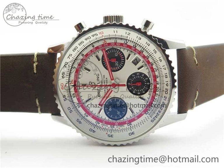 Affordable Navitimer B01 Chronograph 43 TWA Edition SS OXF White Dial Steel Markers on Brown Leather Strap A 5600