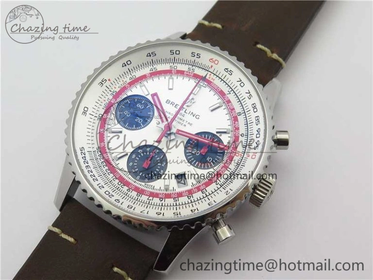 Affordable Navitimer B01 Chronograph 43 TWA Edition SS OXF White Dial Steel Markers on Brown Leather Strap A 5600