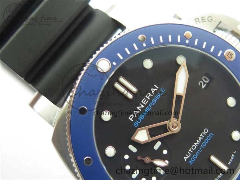 PAM 1209 42mm VSF  Blue Ceramic Bezel 1:1 Best Edition Black Dial on Rubber Strap P.9010 Clone GoAnywhere 8382
