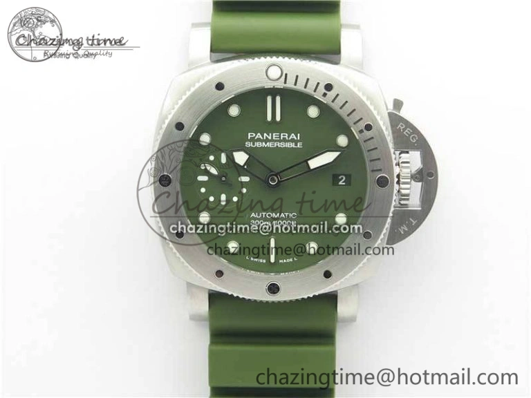 PAM1055 Luminor Submersible 42mm Verde Militare VSF 1:1 Best Edition on Green Rubber Strap P.900 Clone Minimalist 8409