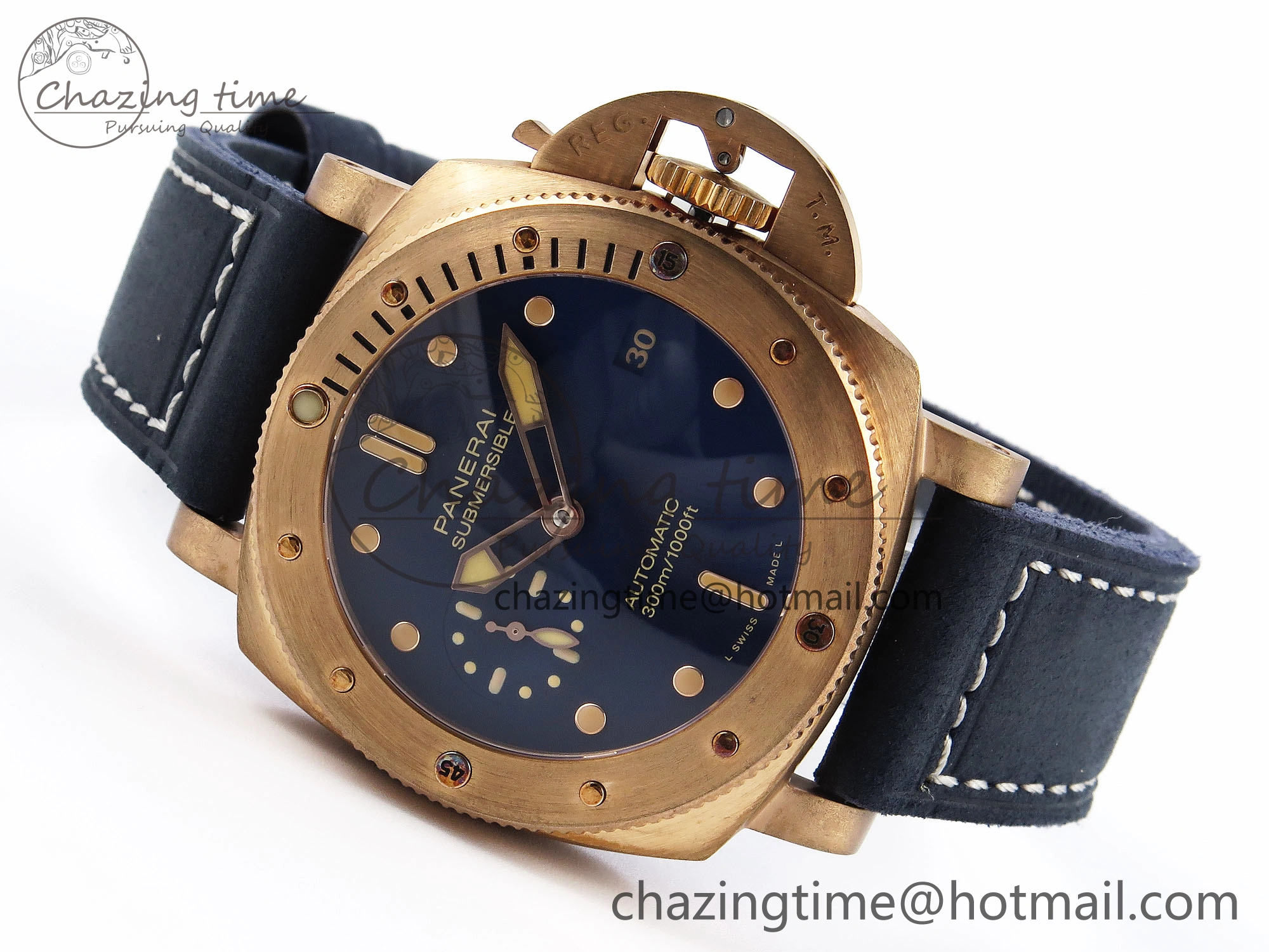 Breathable PAM1074 W BRONZO VSF 1:1 BEST EDITION BLUE DIAL ON BLUE CALFSKIN STRAP P.900 CLONE 8345