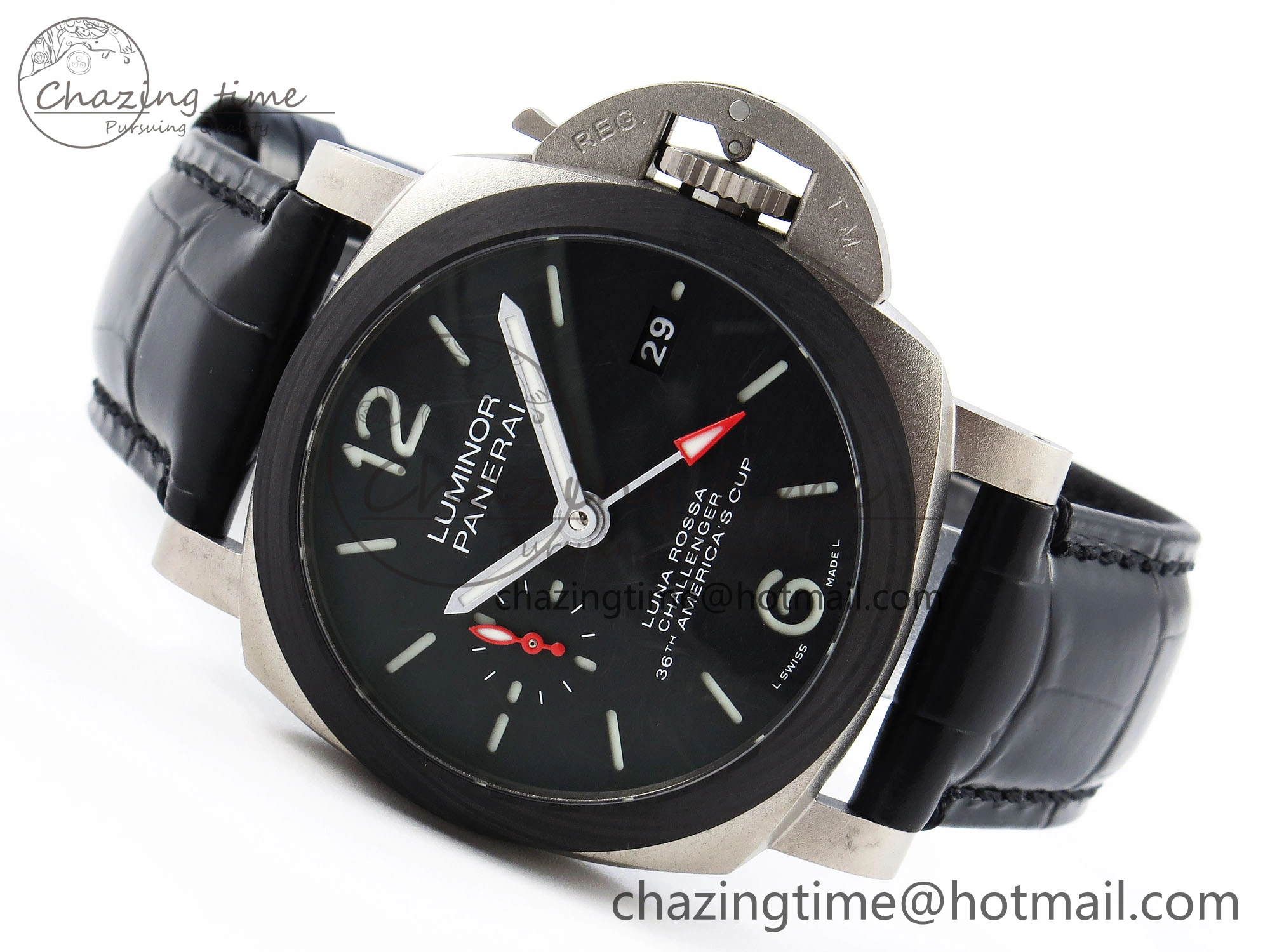 PAM1096 W LUMINOR GMT 42MM TITANIUM VSF 1:1 BEST EDITION BLACK DIAL ON BLACK LEATHER STRAP P.9011 SUPER CLONE Flexible 8346