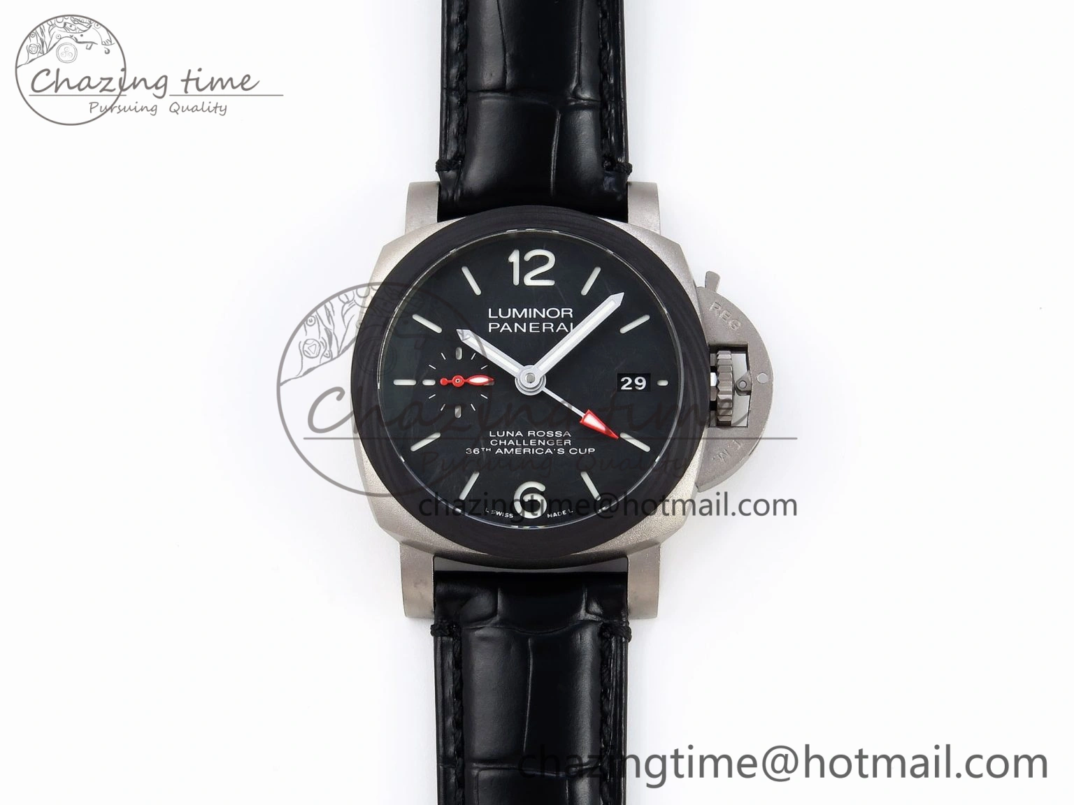 PAM1096 W LUMINOR GMT 42MM TITANIUM VSF 1:1 BEST EDITION BLACK DIAL ON BLACK LEATHER STRAP P.9011 SUPER CLONE Flexible 8346