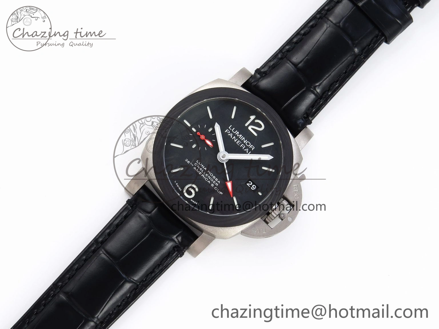 PAM1096 W LUMINOR GMT 42MM TITANIUM VSF 1:1 BEST EDITION BLACK DIAL ON BLACK LEATHER STRAP P.9011 SUPER CLONE Flexible 8346
