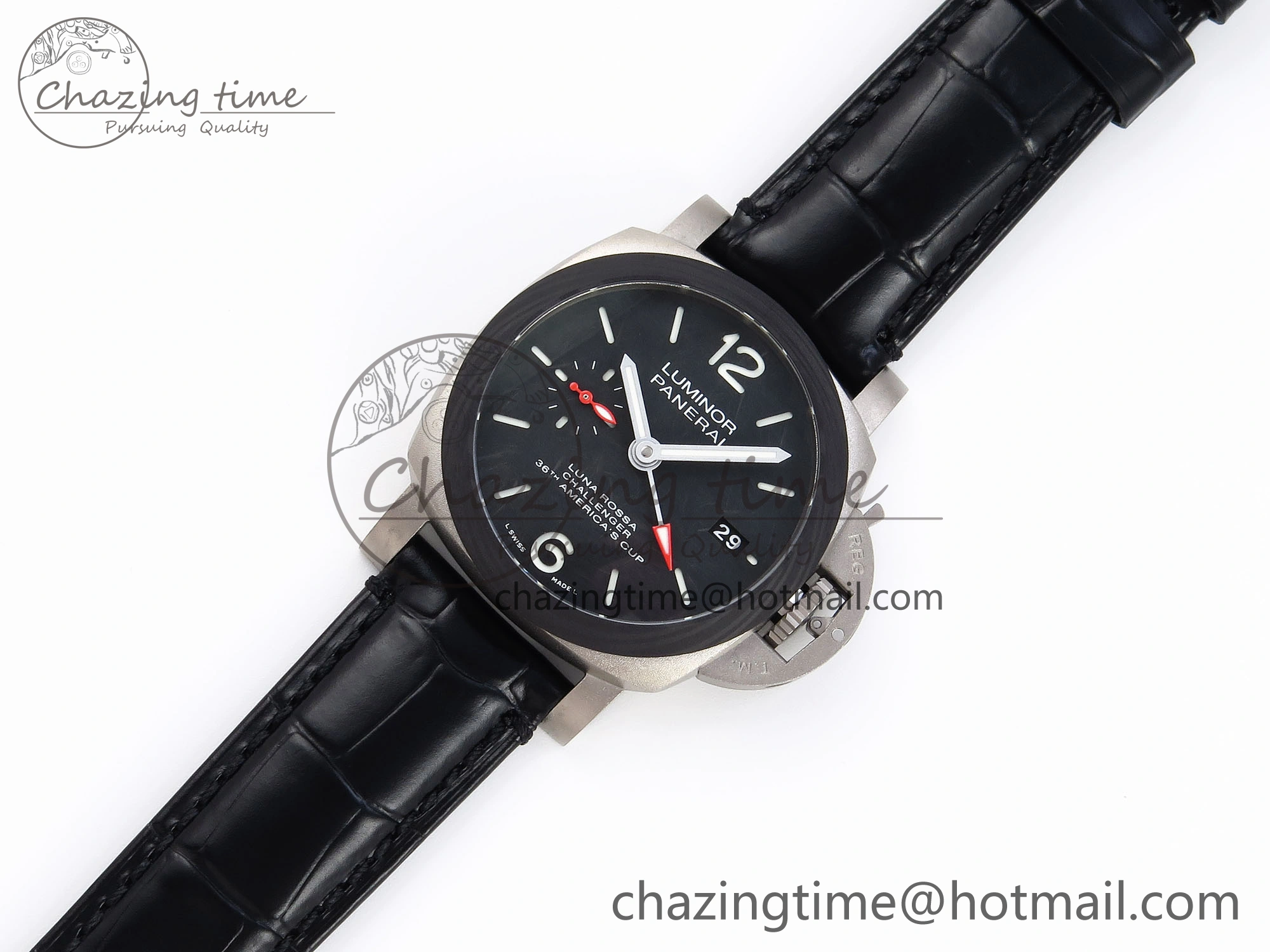 PAM1096 W LUMINOR GMT 42MM TITANIUM VSF 1:1 BEST EDITION BLACK DIAL ON BLACK LEATHER STRAP P.9011 SUPER CLONE Flexible 8346