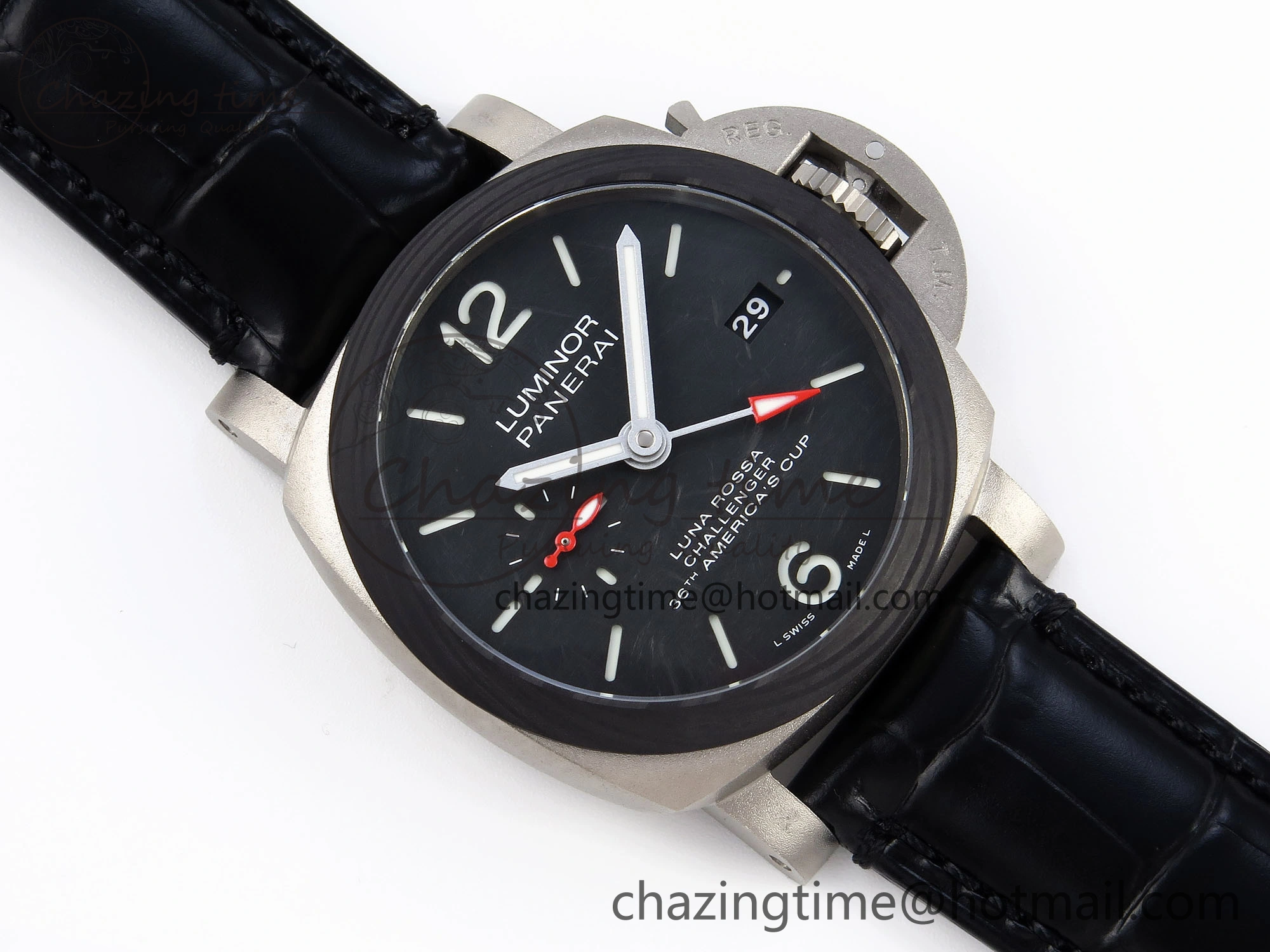 PAM1096 W LUMINOR GMT 42MM TITANIUM VSF 1:1 BEST EDITION BLACK DIAL ON BLACK LEATHER STRAP P.9011 SUPER CLONE Flexible 8346