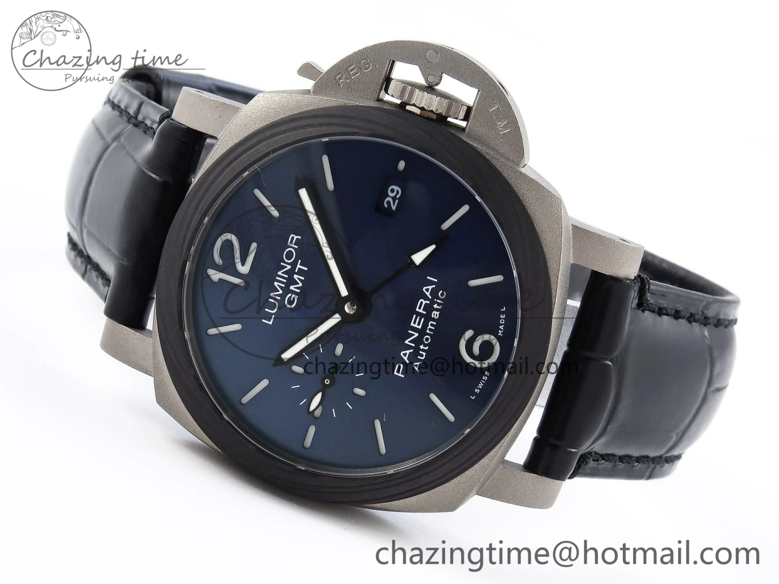 Sporty PAM1279 X LUMINOR GMT 42MM TITANIUM VSF 1:1 BEST EDITION BLUE DIAL ON BLACK LEATHER STRAP P.9011 SUPER CLONE 8348