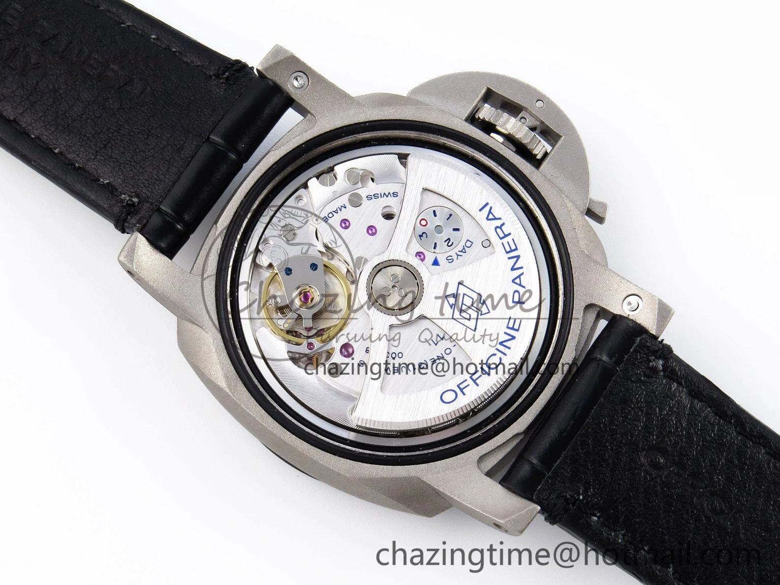 Sporty PAM1279 X LUMINOR GMT 42MM TITANIUM VSF 1:1 BEST EDITION BLUE DIAL ON BLACK LEATHER STRAP P.9011 SUPER CLONE 8348