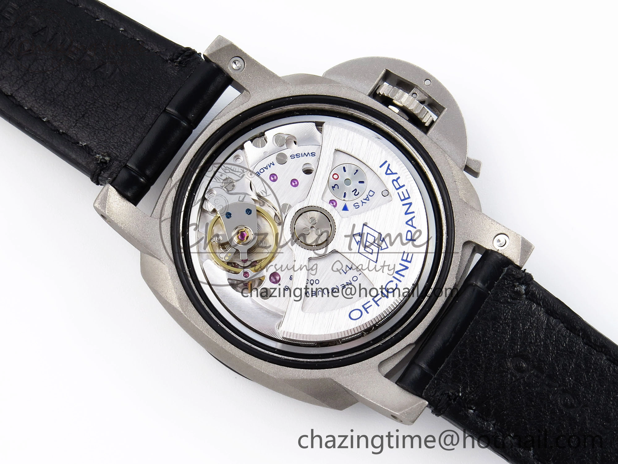 Sporty PAM1279 X LUMINOR GMT 42MM TITANIUM VSF 1:1 BEST EDITION BLUE DIAL ON BLACK LEATHER STRAP P.9011 SUPER CLONE 8348