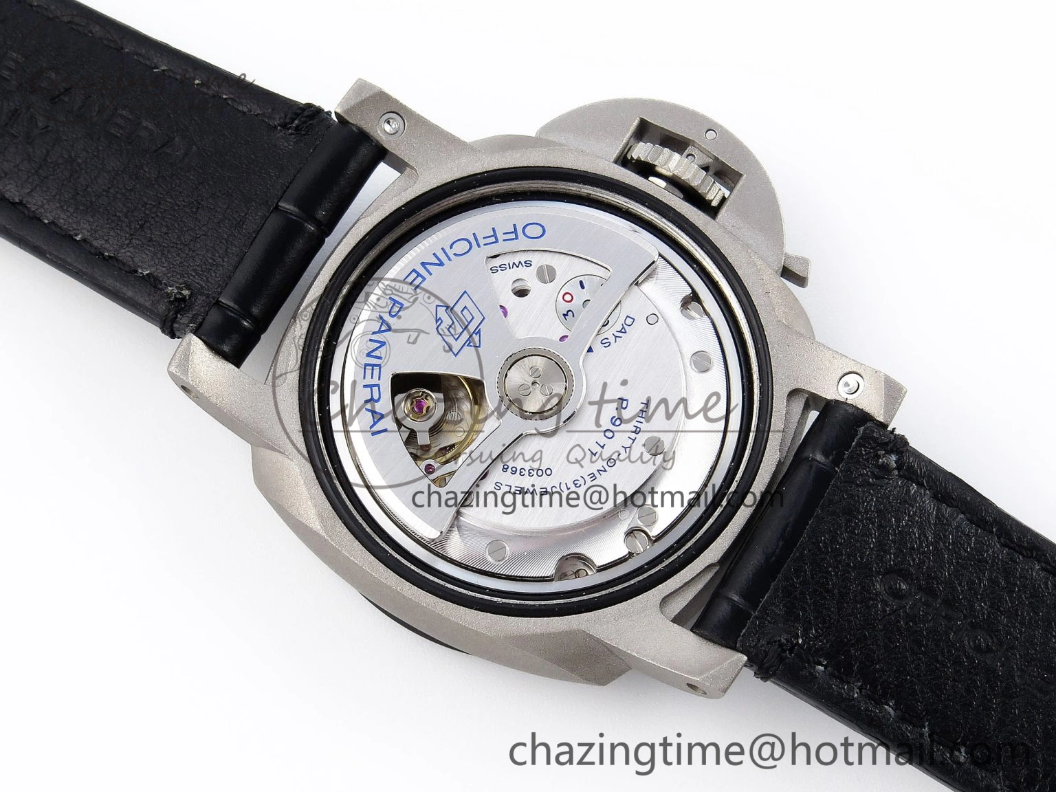 Sporty PAM1279 X LUMINOR GMT 42MM TITANIUM VSF 1:1 BEST EDITION BLUE DIAL ON BLACK LEATHER STRAP P.9011 SUPER CLONE 8348