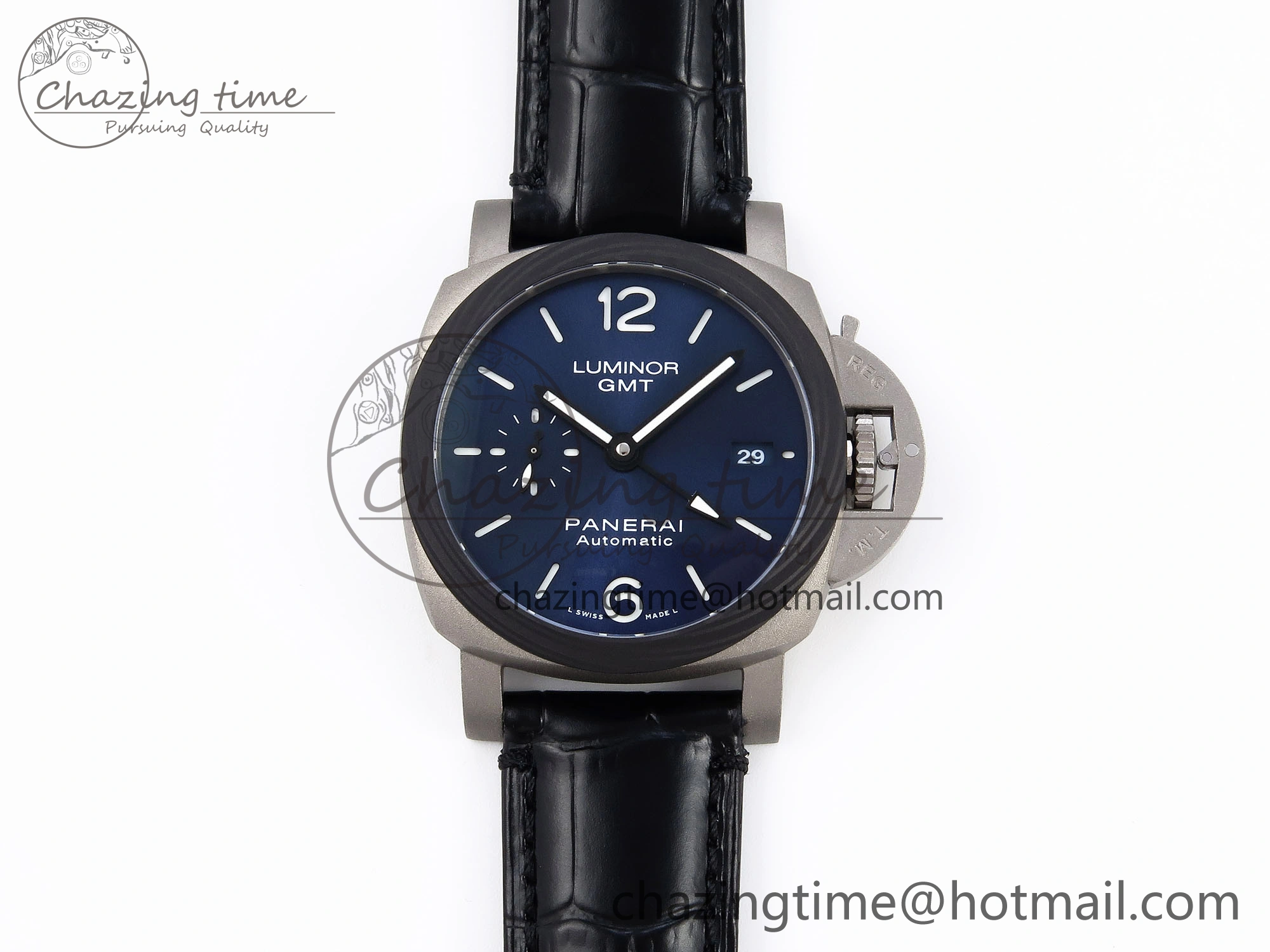 Sporty PAM1279 X LUMINOR GMT 42MM TITANIUM VSF 1:1 BEST EDITION BLUE DIAL ON BLACK LEATHER STRAP P.9011 SUPER CLONE 8348