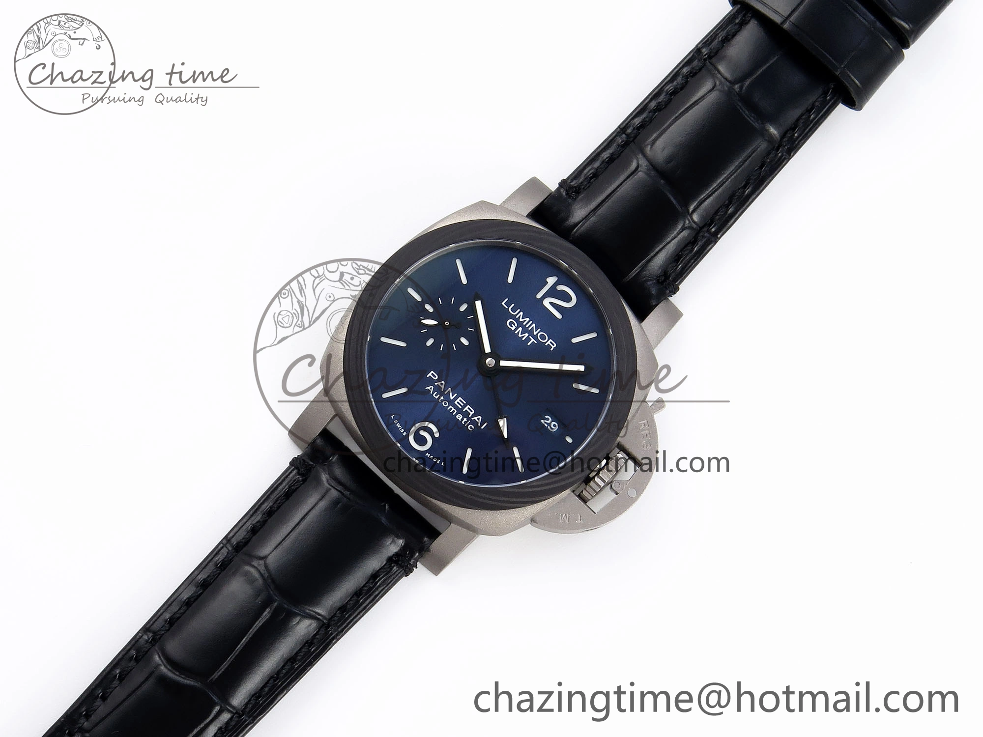 Sporty PAM1279 X LUMINOR GMT 42MM TITANIUM VSF 1:1 BEST EDITION BLUE DIAL ON BLACK LEATHER STRAP P.9011 SUPER CLONE 8348