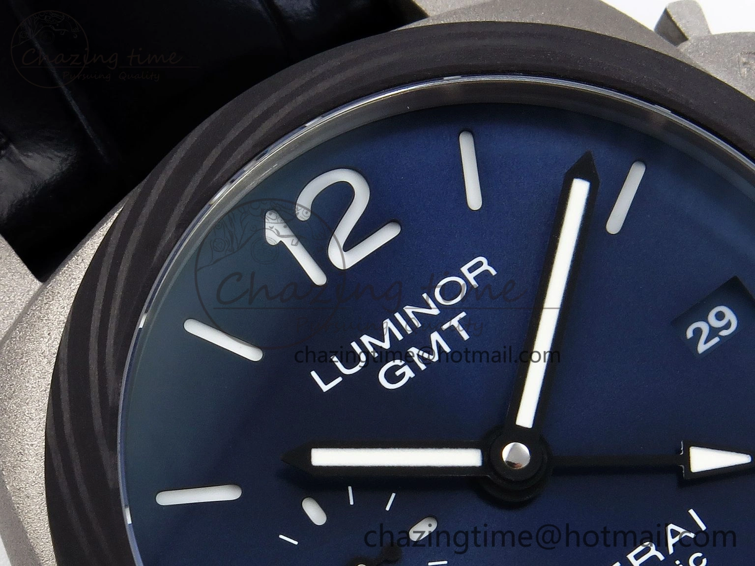 Sporty PAM1279 X LUMINOR GMT 42MM TITANIUM VSF 1:1 BEST EDITION BLUE DIAL ON BLACK LEATHER STRAP P.9011 SUPER CLONE 8348