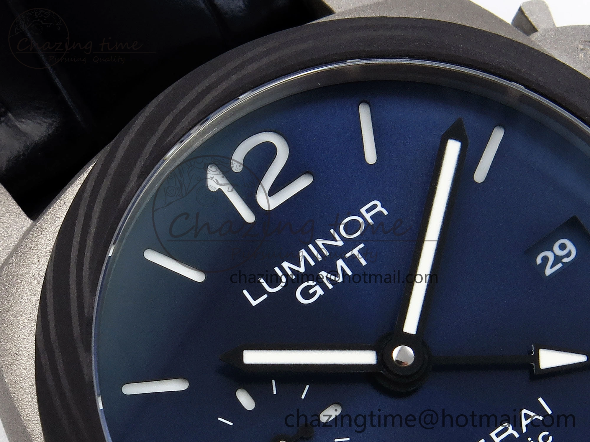 Sporty PAM1279 X LUMINOR GMT 42MM TITANIUM VSF 1:1 BEST EDITION BLUE DIAL ON BLACK LEATHER STRAP P.9011 SUPER CLONE 8348