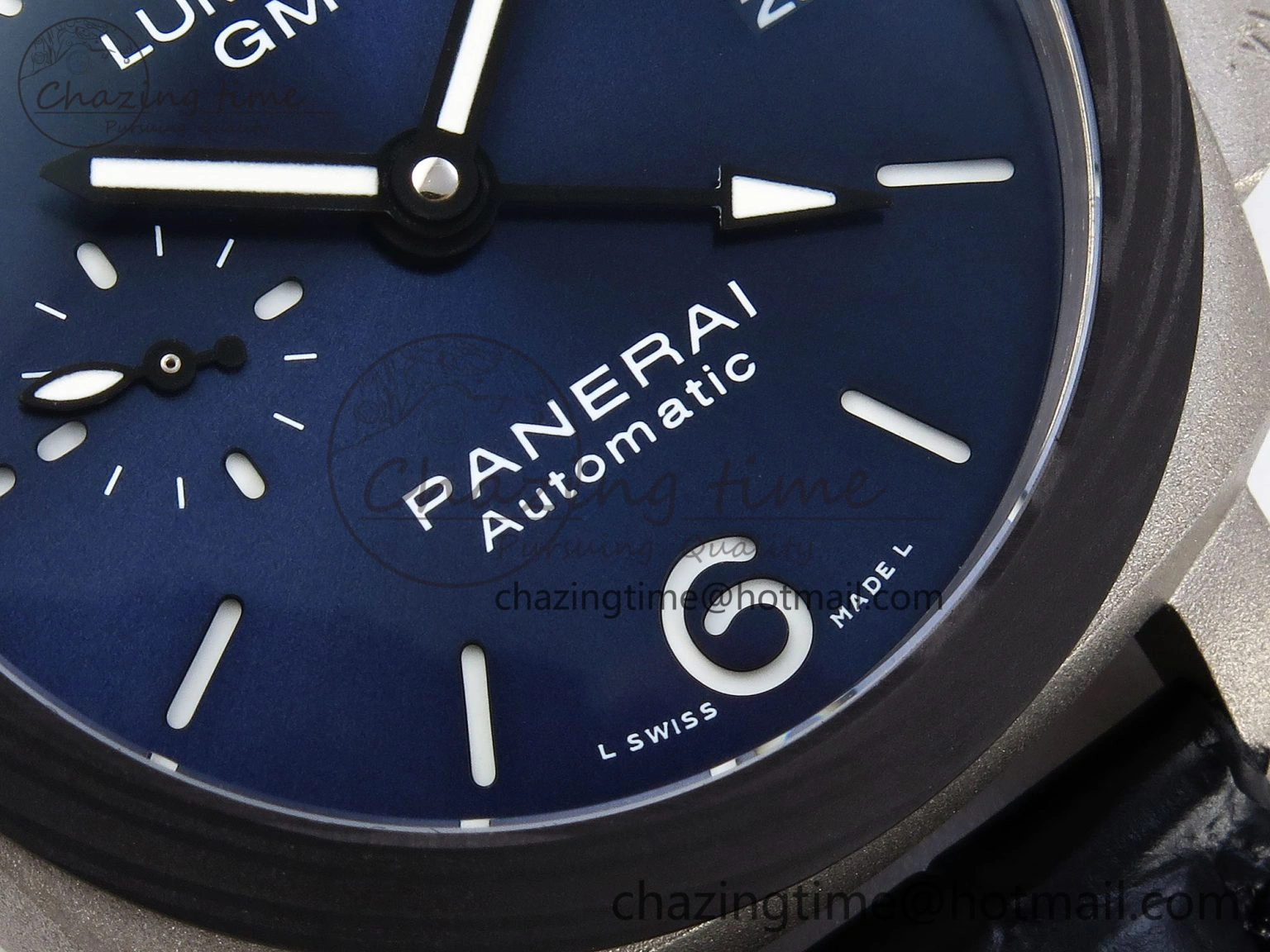 Sporty PAM1279 X LUMINOR GMT 42MM TITANIUM VSF 1:1 BEST EDITION BLUE DIAL ON BLACK LEATHER STRAP P.9011 SUPER CLONE 8348